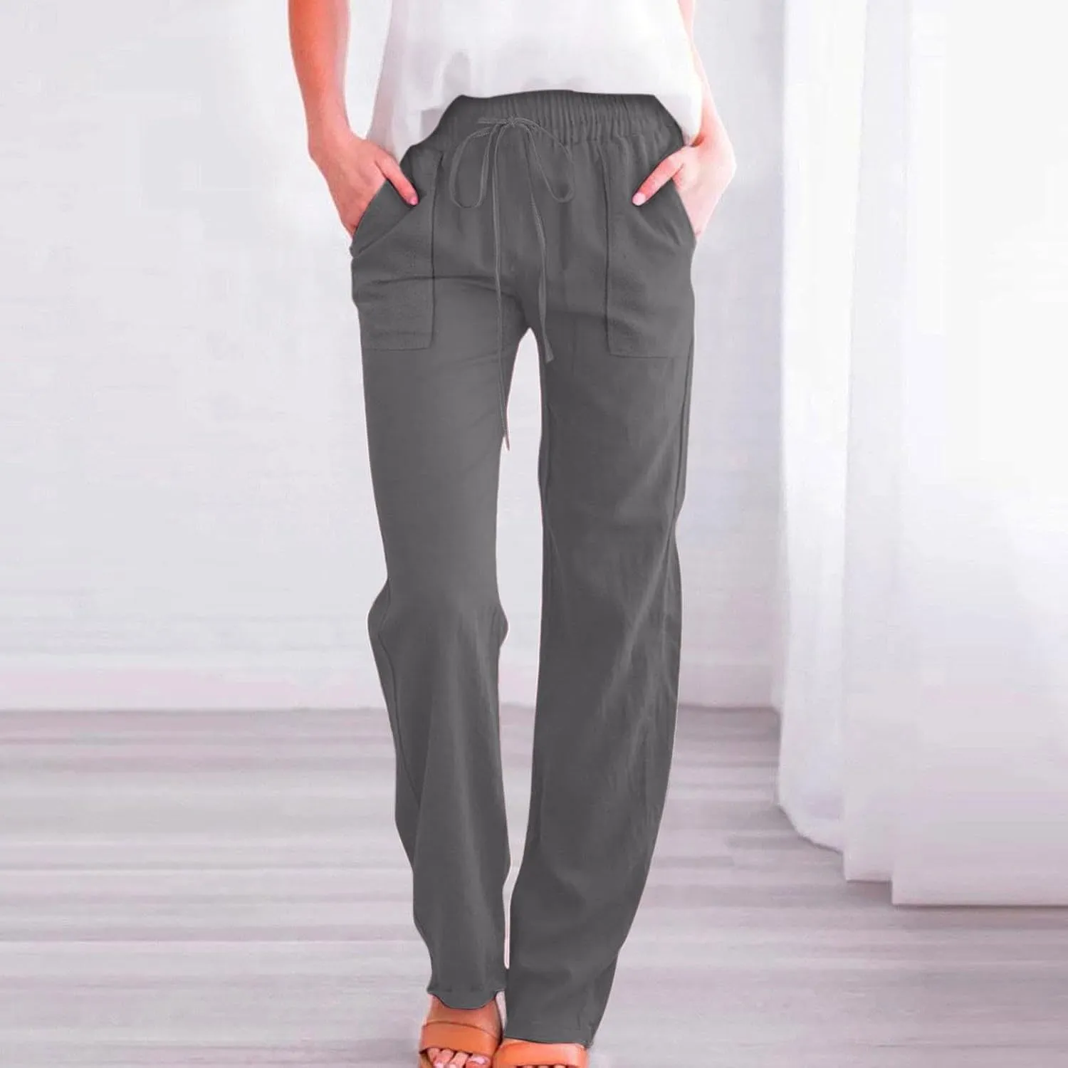 Linen Pants Women Summer,Cotton Linen Straight Leg Petite Casual Pants with Pockets Comfy Lounge Pant 2025