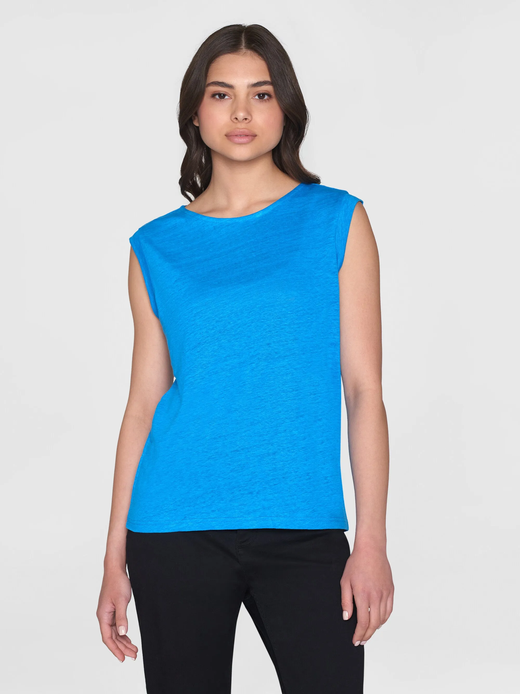 Loose fold up linen t-shirt - Malibu Blue