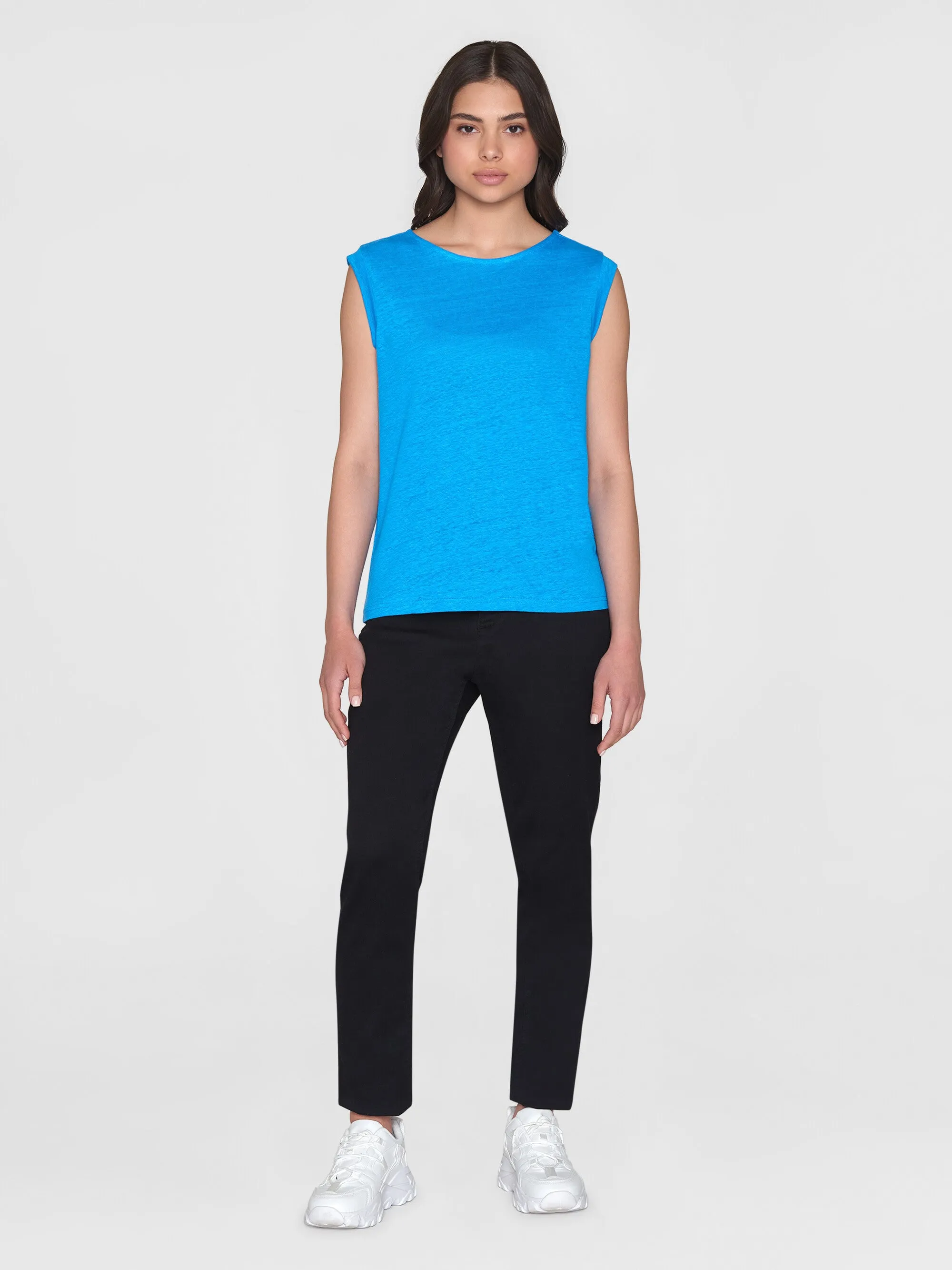 Loose fold up linen t-shirt - Malibu Blue