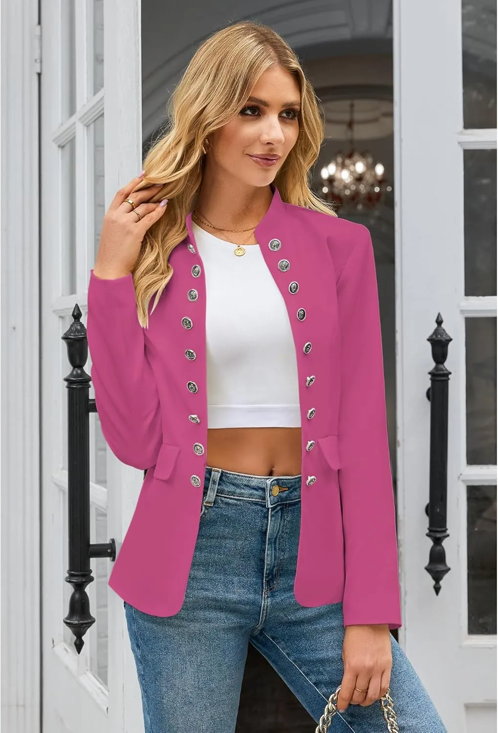 luvamia Women's Open Front Long Sleeves Work Blazer Casual Buttons Jacket Suit