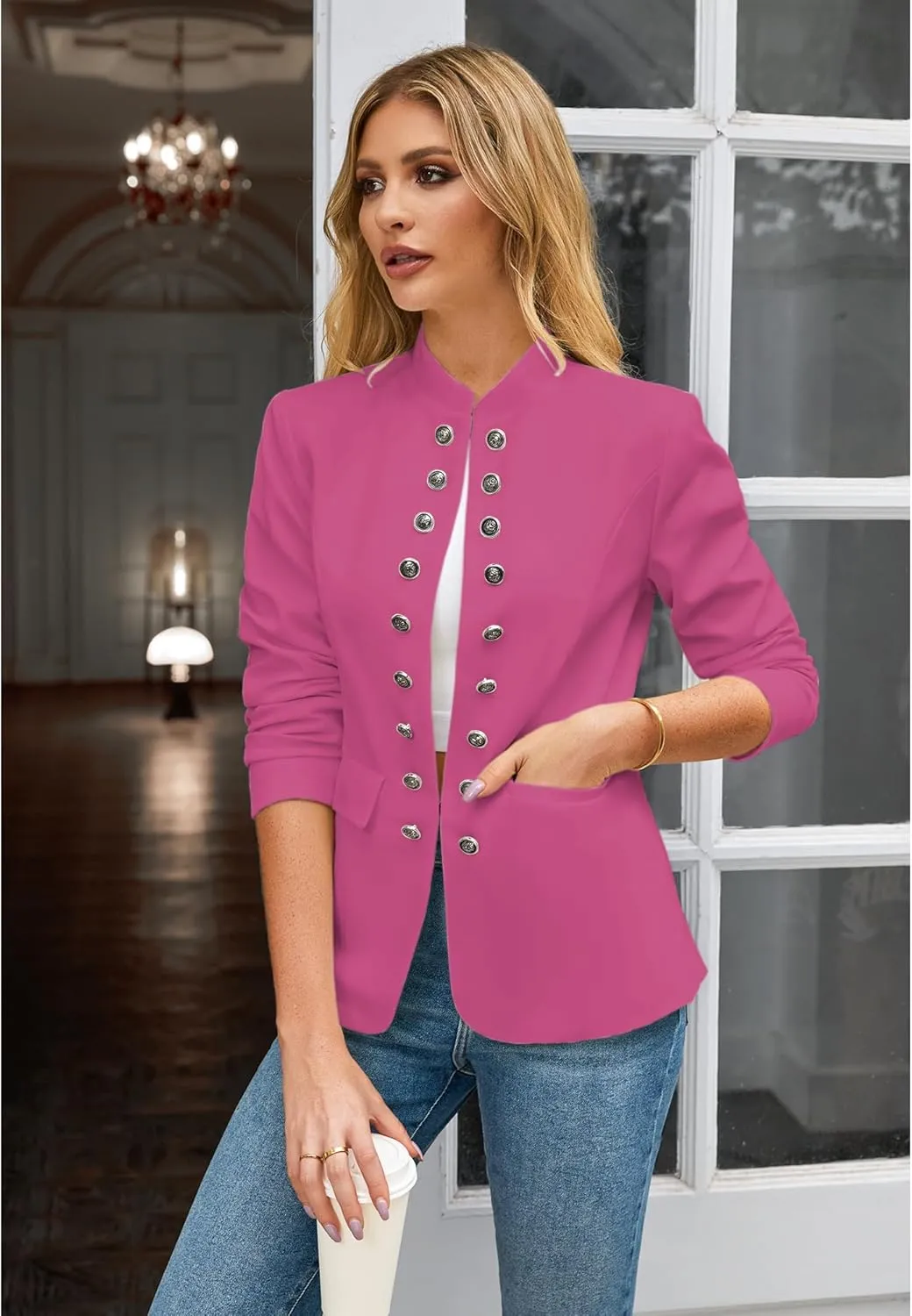 luvamia Women's Open Front Long Sleeves Work Blazer Casual Buttons Jacket Suit