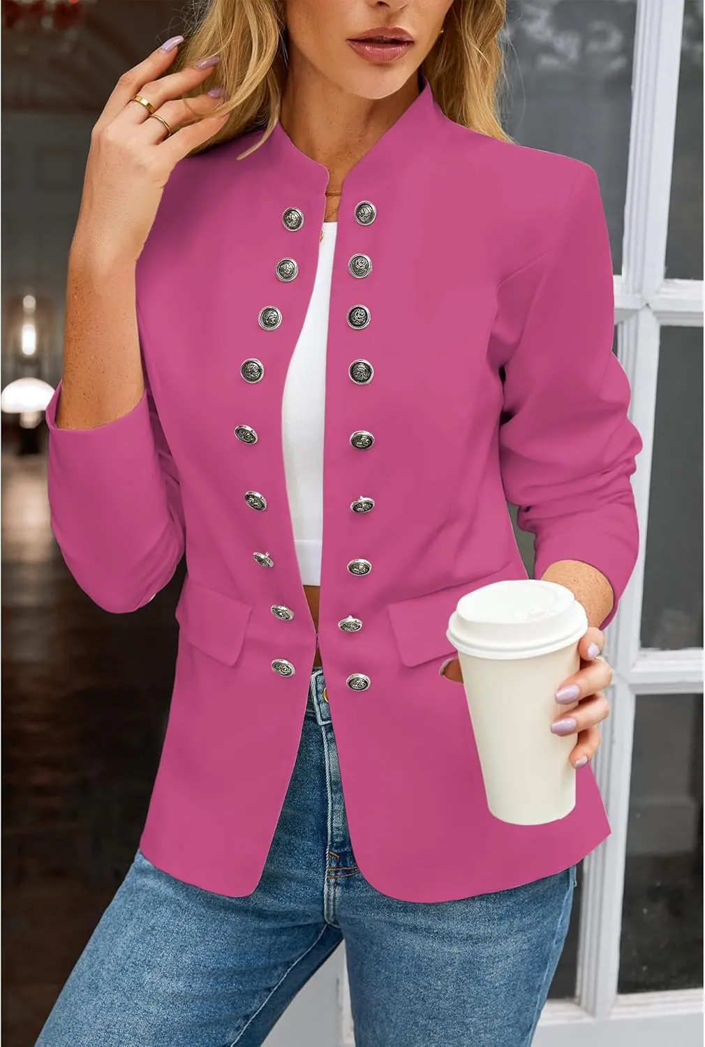 luvamia Women's Open Front Long Sleeves Work Blazer Casual Buttons Jacket Suit