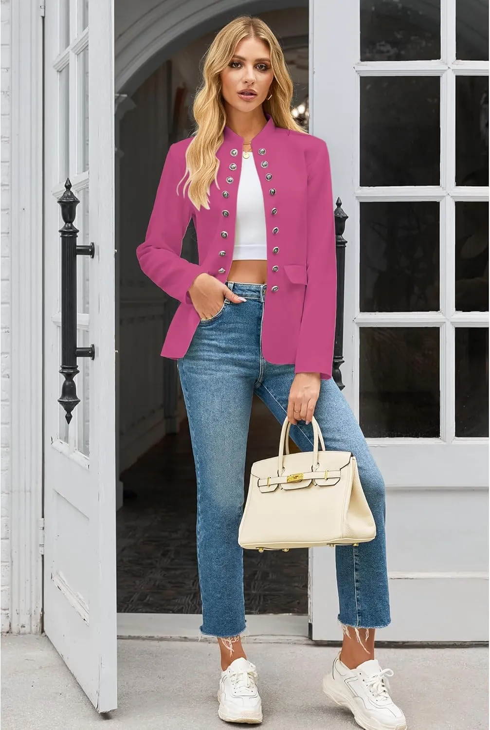 luvamia Women's Open Front Long Sleeves Work Blazer Casual Buttons Jacket Suit