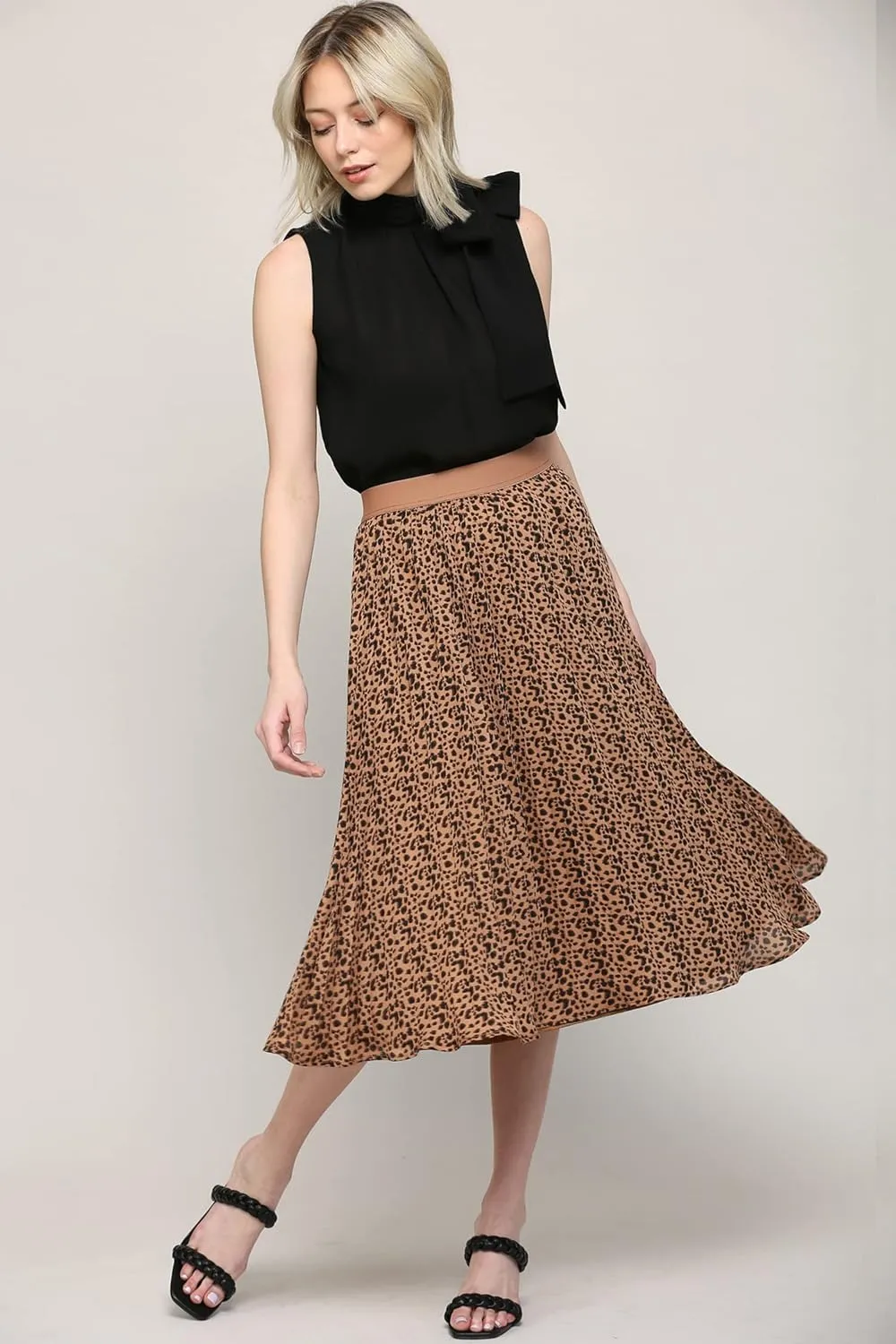 Made By Johnny Women's High Elastic Waist Pleated Mid A-Line Swing Skirt