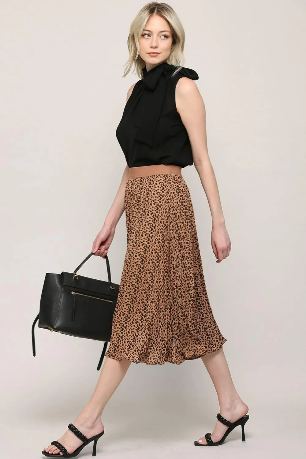 Made By Johnny Women's High Elastic Waist Pleated Mid A-Line Swing Skirt