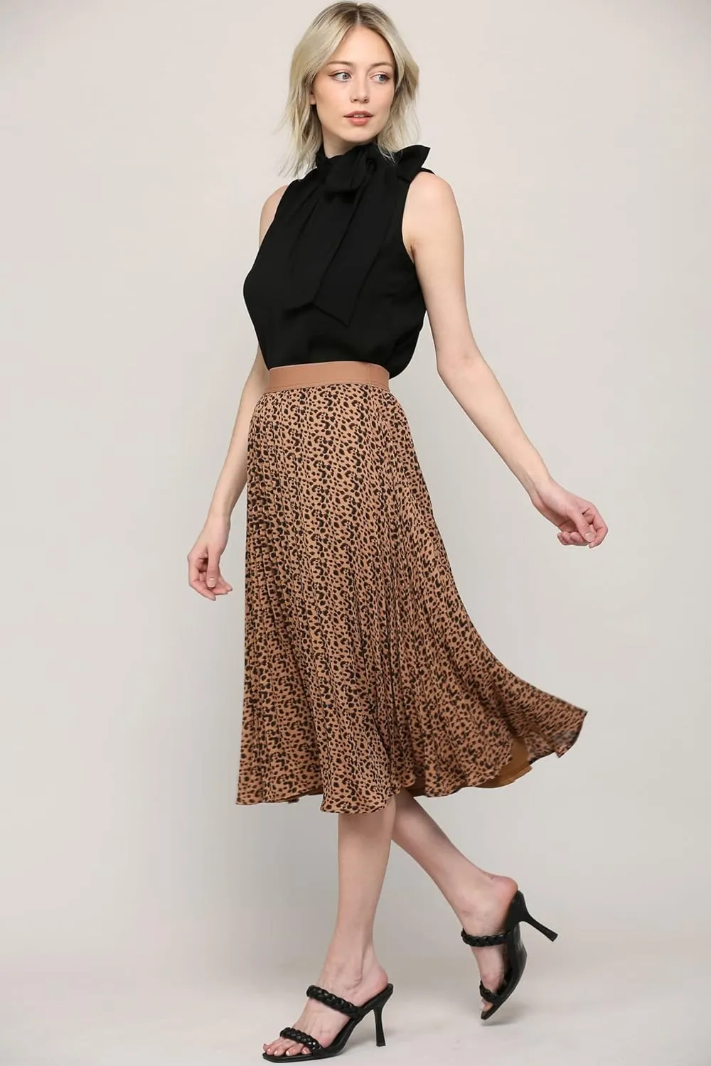 Made By Johnny Women's High Elastic Waist Pleated Mid A-Line Swing Skirt