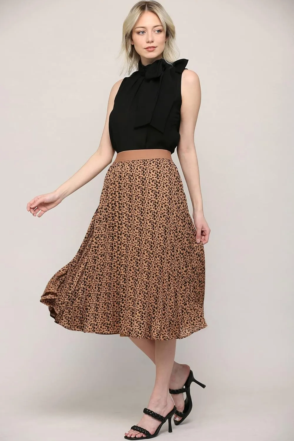 Made By Johnny Women's High Elastic Waist Pleated Mid A-Line Swing Skirt