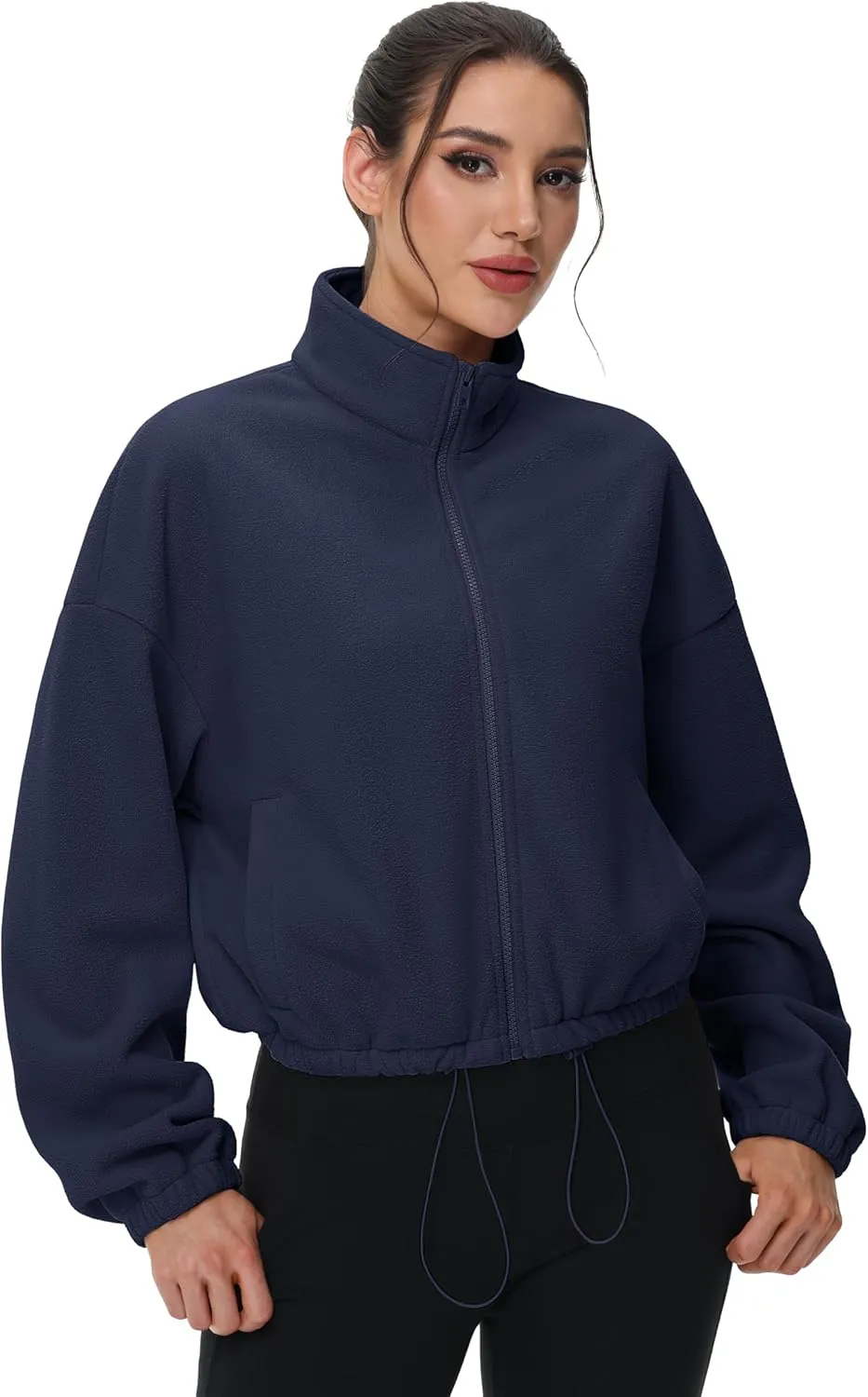 MAGCOMSEN Women's Full Zip Fleece Jacket Cropped Warm Winter Coats with Pockets Stand Collar Workout Top Drawstring Hem