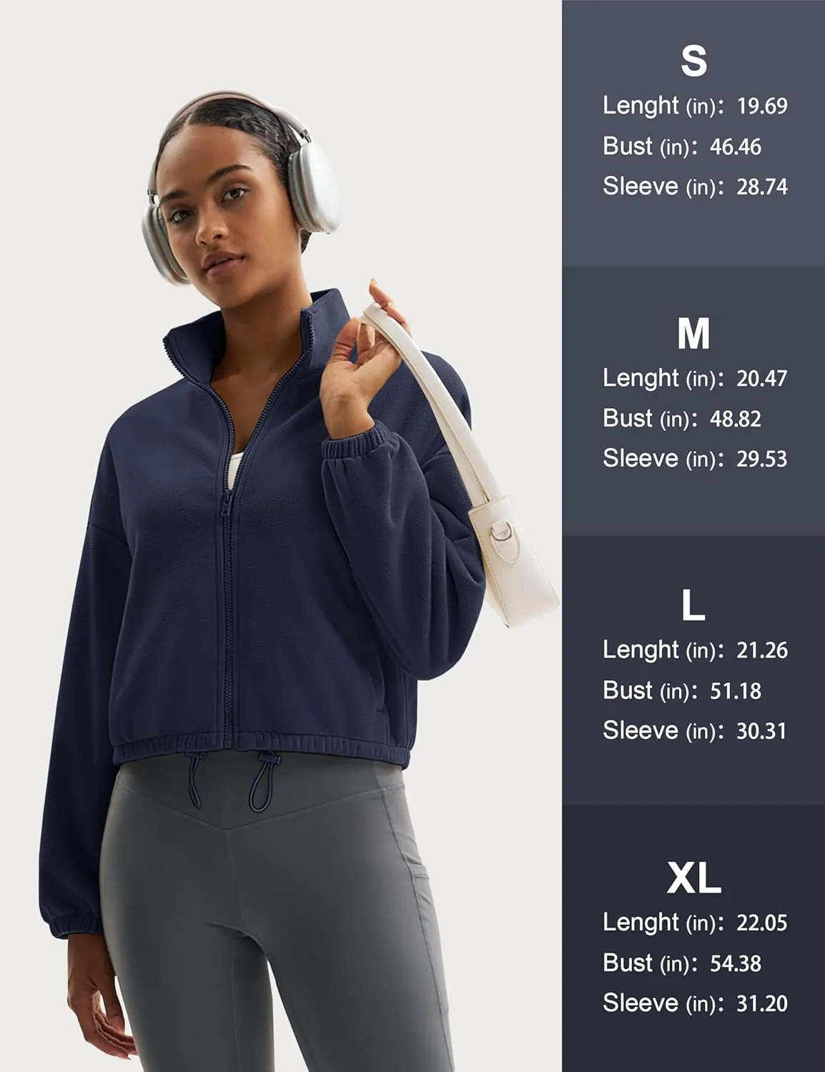 MAGCOMSEN Women's Full Zip Fleece Jacket Cropped Warm Winter Coats with Pockets Stand Collar Workout Top Drawstring Hem