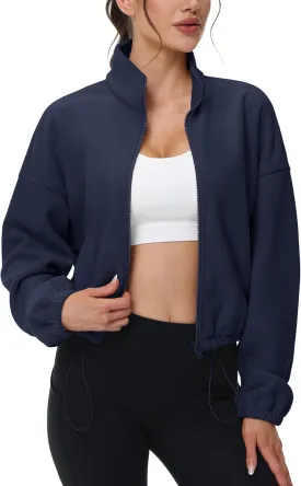 MAGCOMSEN Women's Full Zip Fleece Jacket Cropped Warm Winter Coats with Pockets Stand Collar Workout Top Drawstring Hem