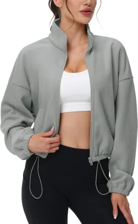 MAGCOMSEN Women's Full Zip Fleece Jacket Cropped Warm Winter Coats with Pockets Stand Collar Workout Top Drawstring Hem