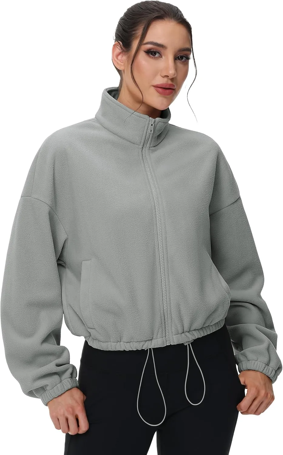 MAGCOMSEN Women's Full Zip Fleece Jacket Cropped Warm Winter Coats with Pockets Stand Collar Workout Top Drawstring Hem