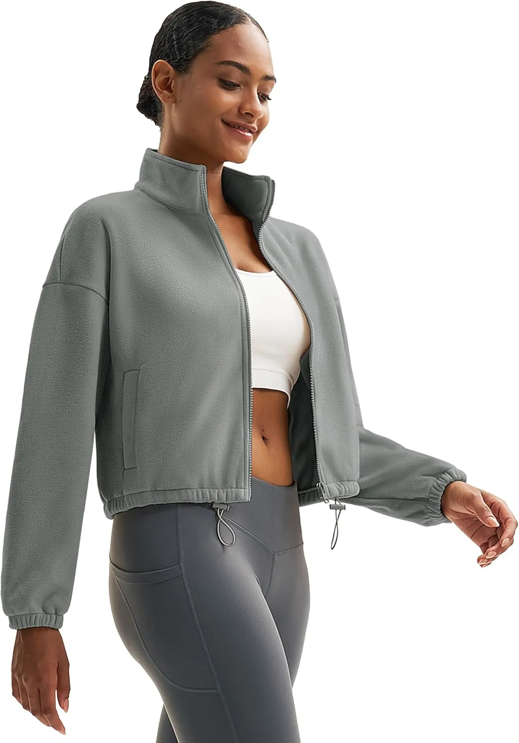 MAGCOMSEN Women's Full Zip Fleece Jacket Cropped Warm Winter Coats with Pockets Stand Collar Workout Top Drawstring Hem