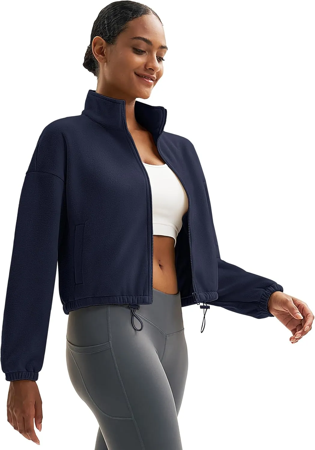 MAGCOMSEN Women's Full Zip Fleece Jacket Cropped Warm Winter Coats with Pockets Stand Collar Workout Top Drawstring Hem