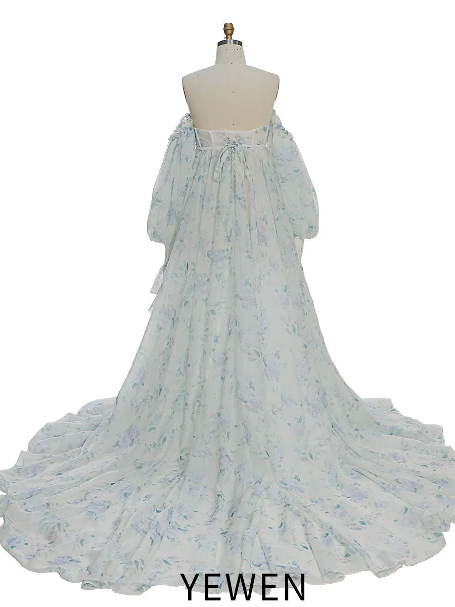 Maternity Dress Photo Shoot Print Floral Silk Soft Organza Off Shoulder Maxi Dress with Train YW230305