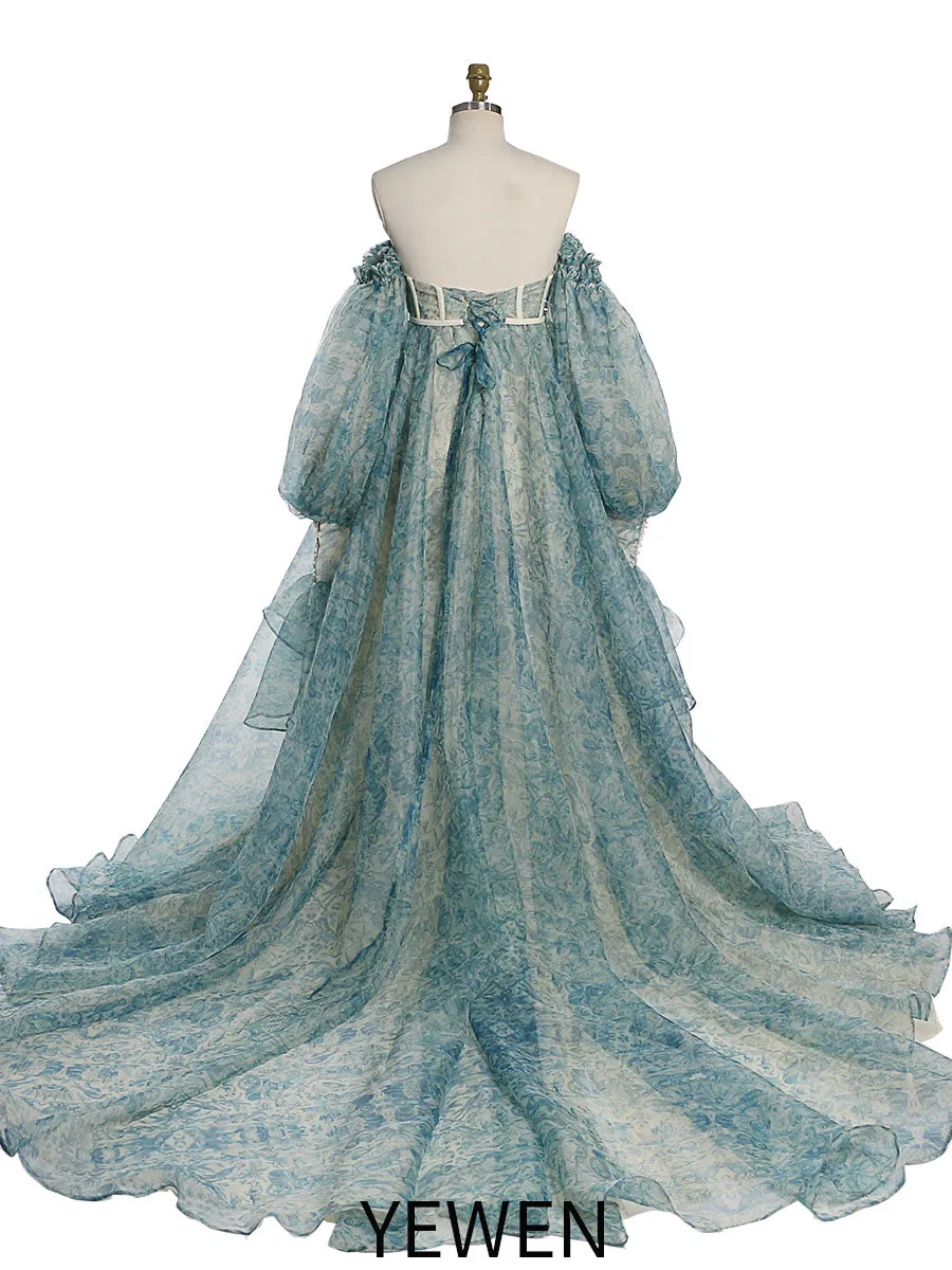 Maternity Dress Photo Shoot Print Floral Silk Soft Organza Off Shoulder Maxi Dress with Train YW230305