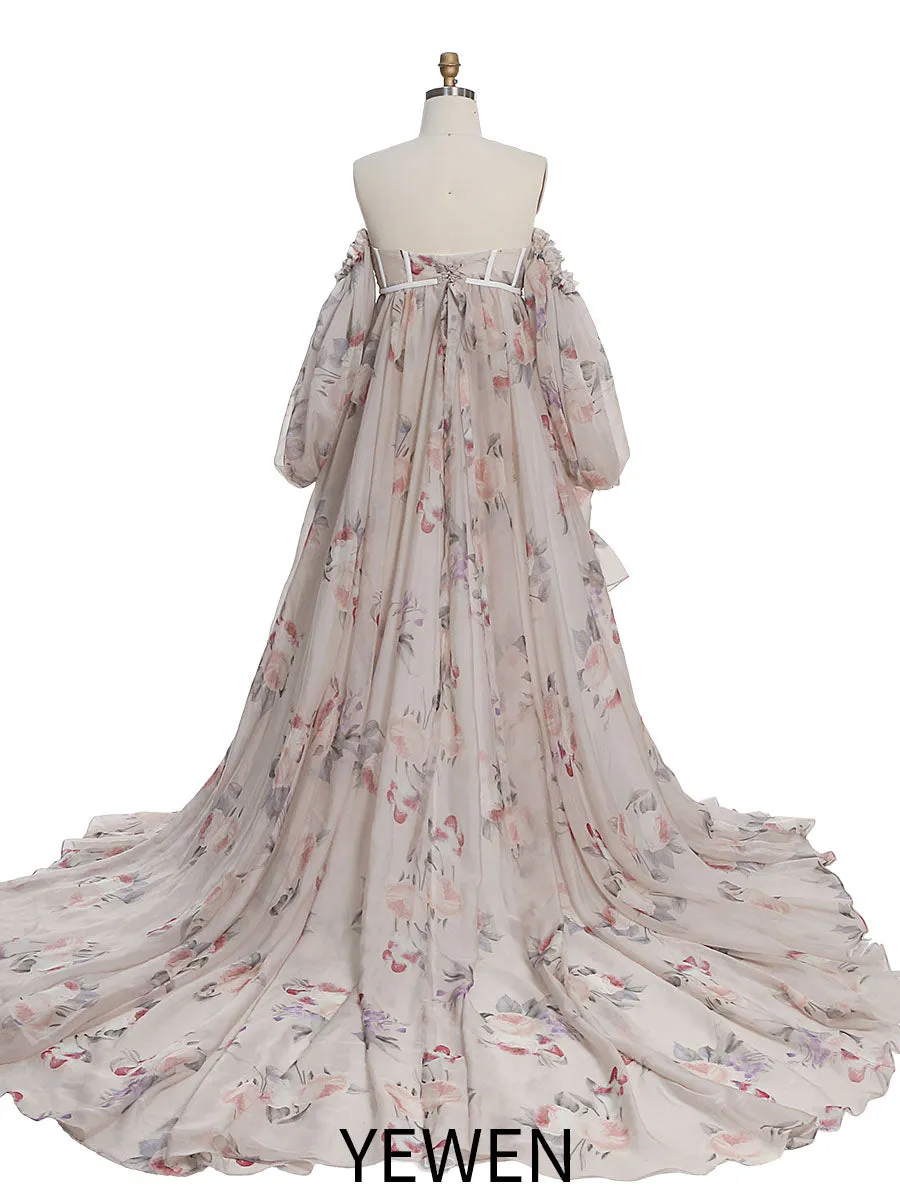 Maternity Dress Photo Shoot Print Floral Silk Soft Organza Off Shoulder Maxi Dress with Train YW230305