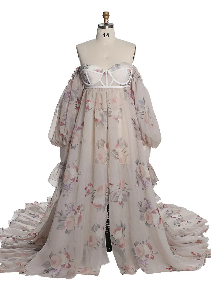 Maternity Dress Photo Shoot Print Floral Silk Soft Organza Off Shoulder Maxi Dress with Train YW230305