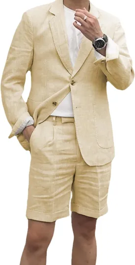 Men's 2 Piece Linen Suits Set Regular Fit Casual Lightweight Blazer Jacket and Summer Shorts for Men (Jacket Shorts)