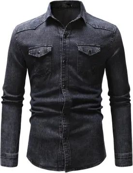 Men's Denim Shirt Casual Slim Fit Button Down Long Sleeve Washed Denim Shirt