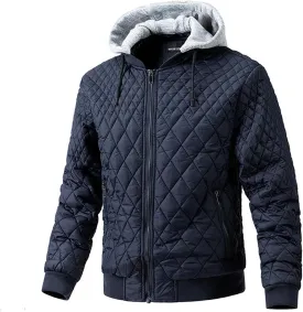 Men's Quilted Sherpa Lined Bomber Jacket Zipper Outdoor Casual Fleece Fall Winter Coat Detachable Hood with Pockets