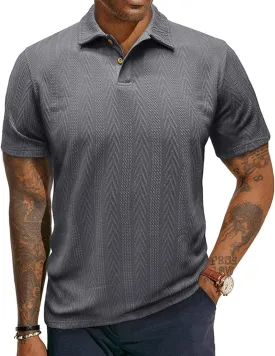 Men's Textured Knit Polo Shirt Short Sleeve Casual Golf Shirt Summer Vacation Button Beach Knit Collared Tops