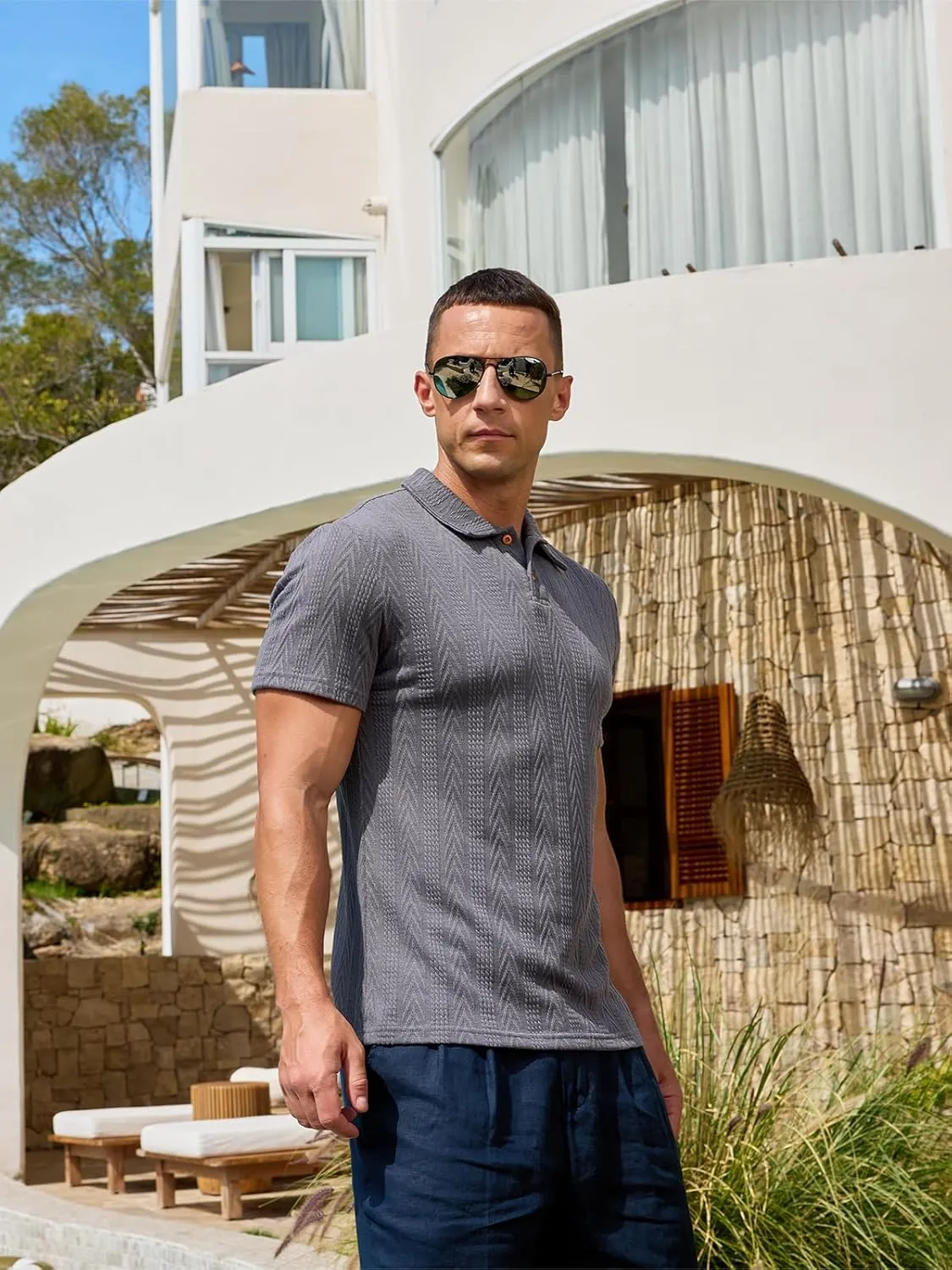 Men's Textured Knit Polo Shirt Short Sleeve Casual Golf Shirt Summer Vacation Button Beach Knit Collared Tops