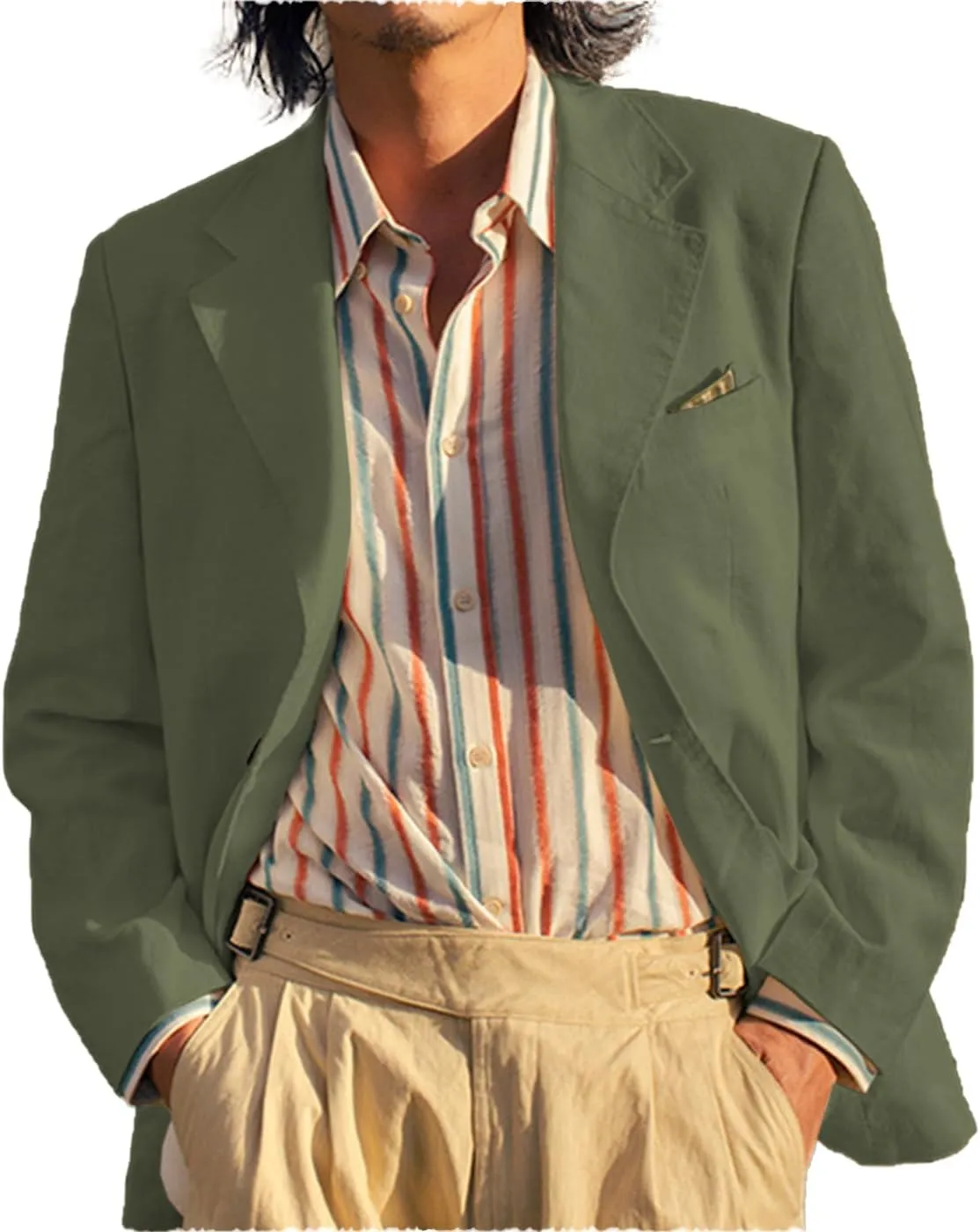 Mens Vintage Casual Linen Blazer Suit Jacket One Button Slim Fit Wedding Summer Lightweight