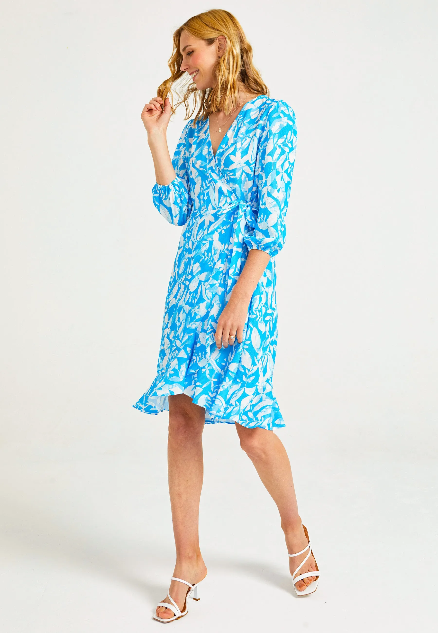 Midi Wrap Dress in Blue Leaf Print