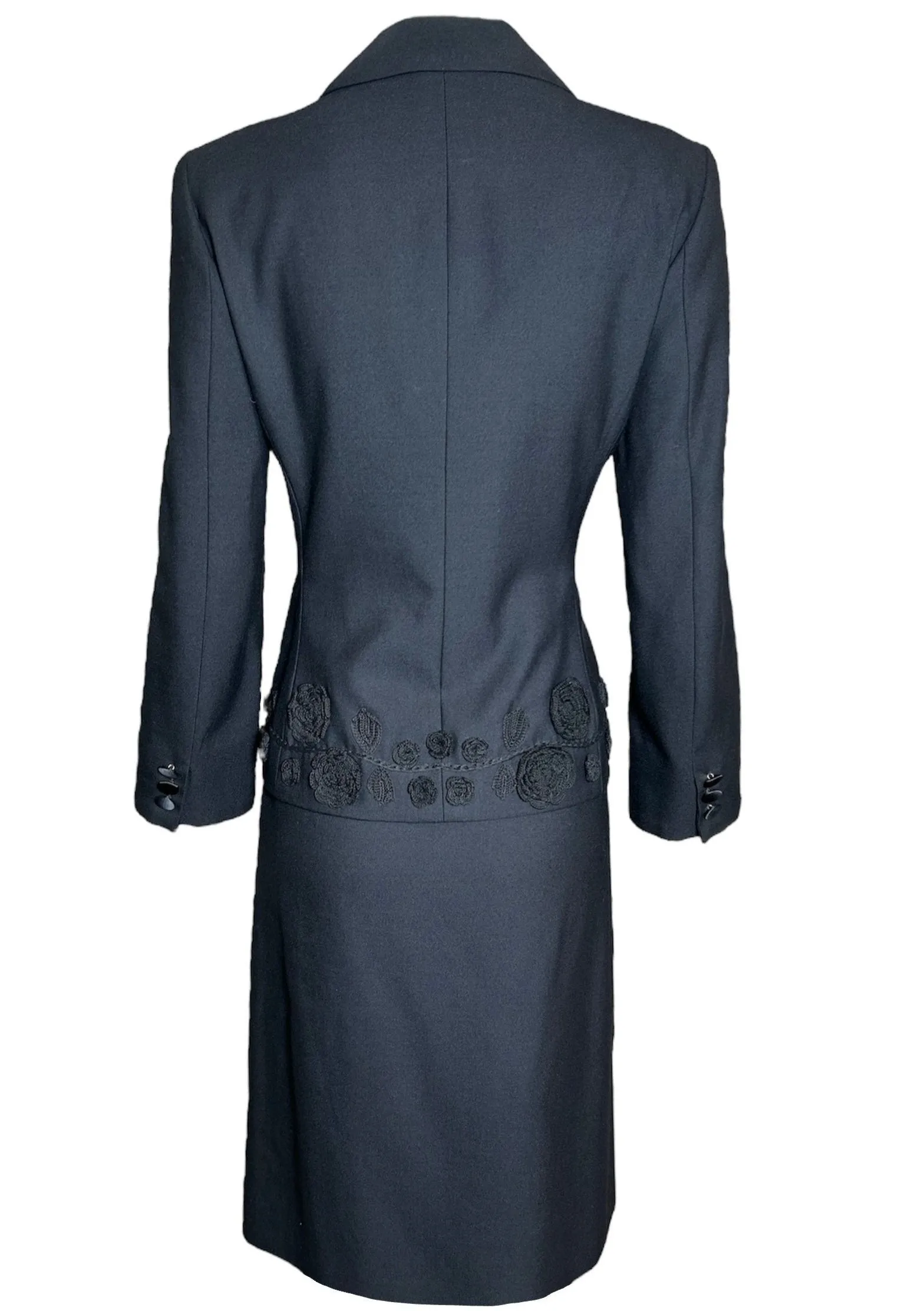 Moschino Couture Y2K Black Suit Ensemble with 3D Embroidered Roses