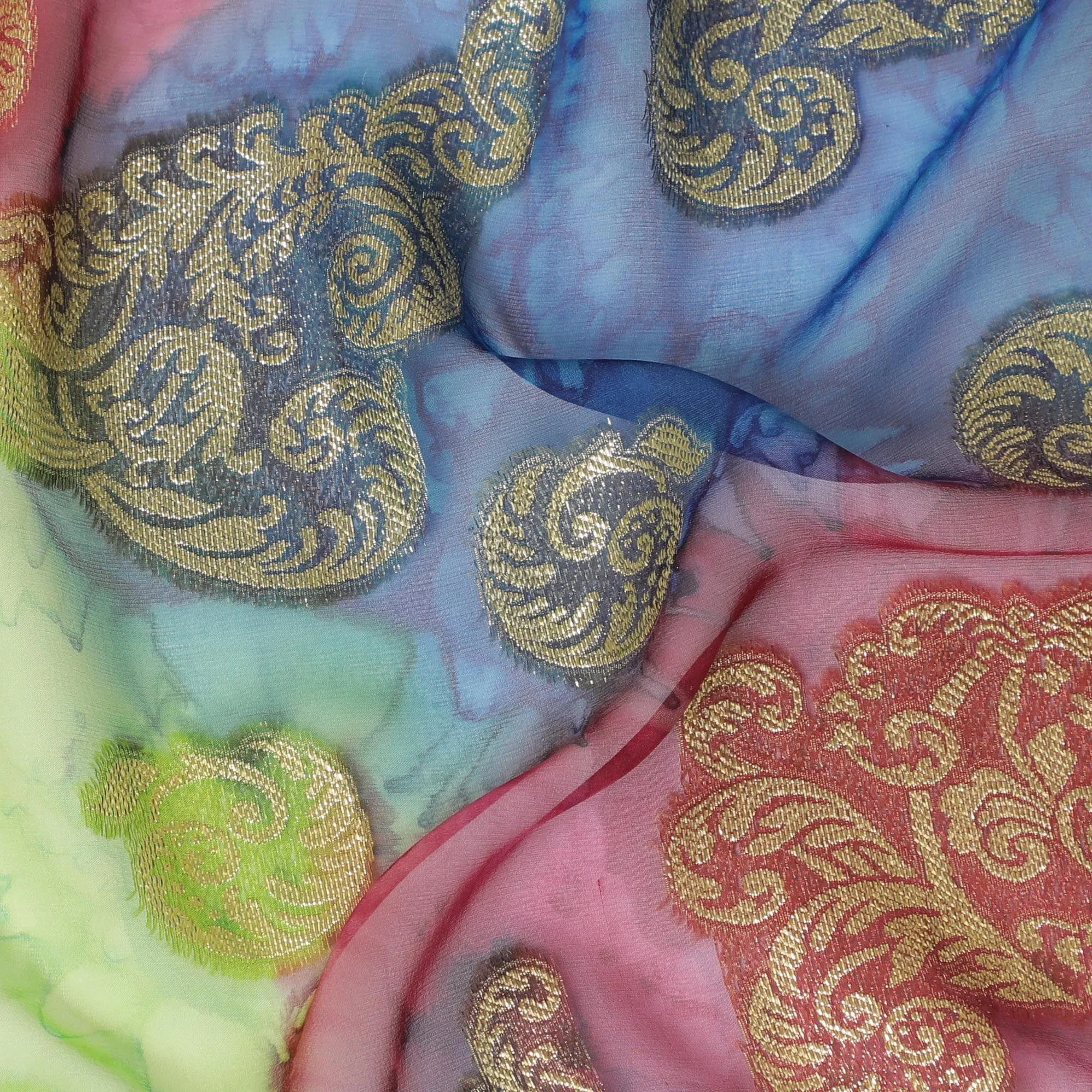 Multicolor Premium pure French (Fransawi) silk chiffon fabric with gold metallic lurex in floral design-D14014