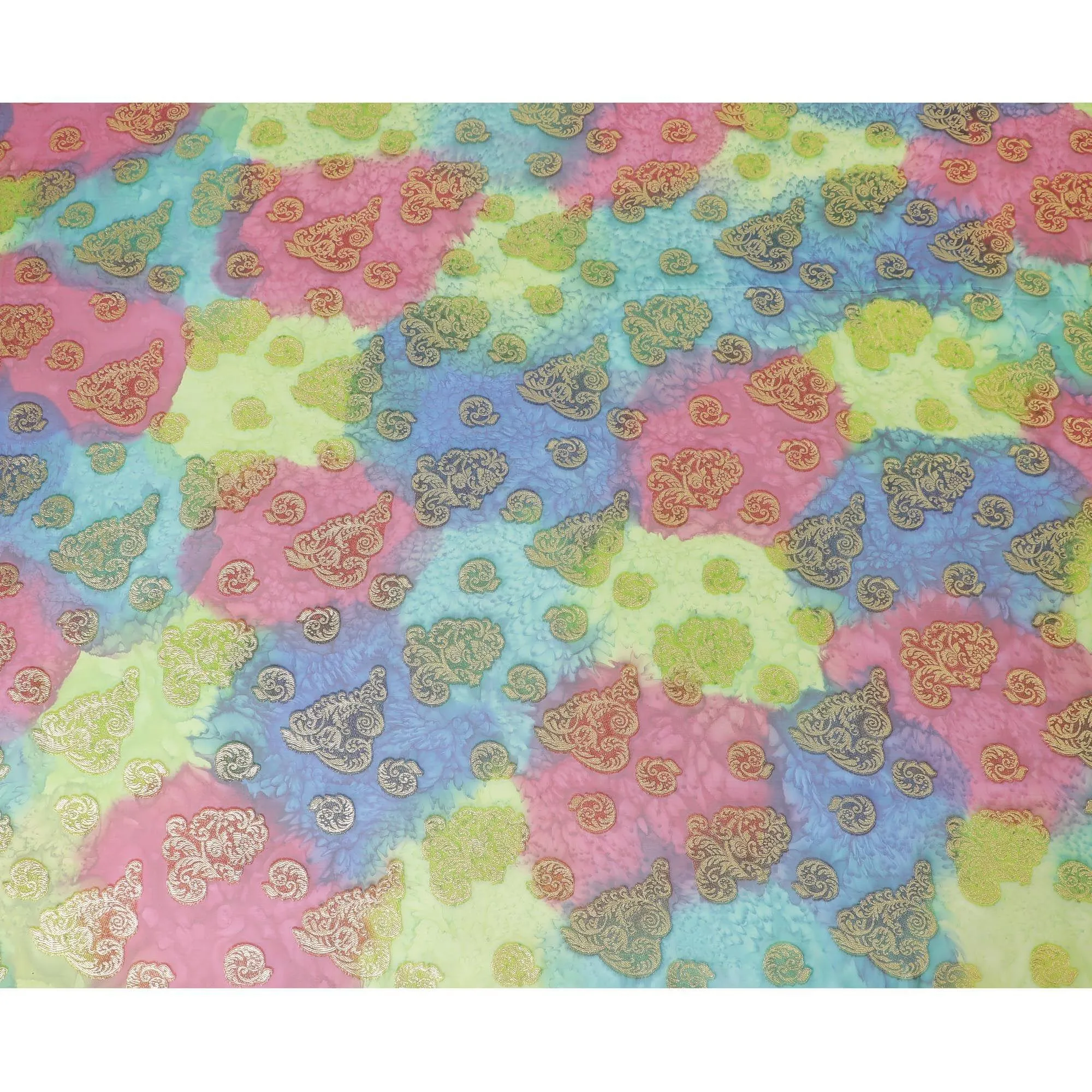 Multicolor Premium pure French (Fransawi) silk chiffon fabric with gold metallic lurex in floral design-D14014