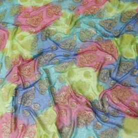 Multicolor Premium pure French (Fransawi) silk chiffon fabric with gold metallic lurex in floral design-D14014