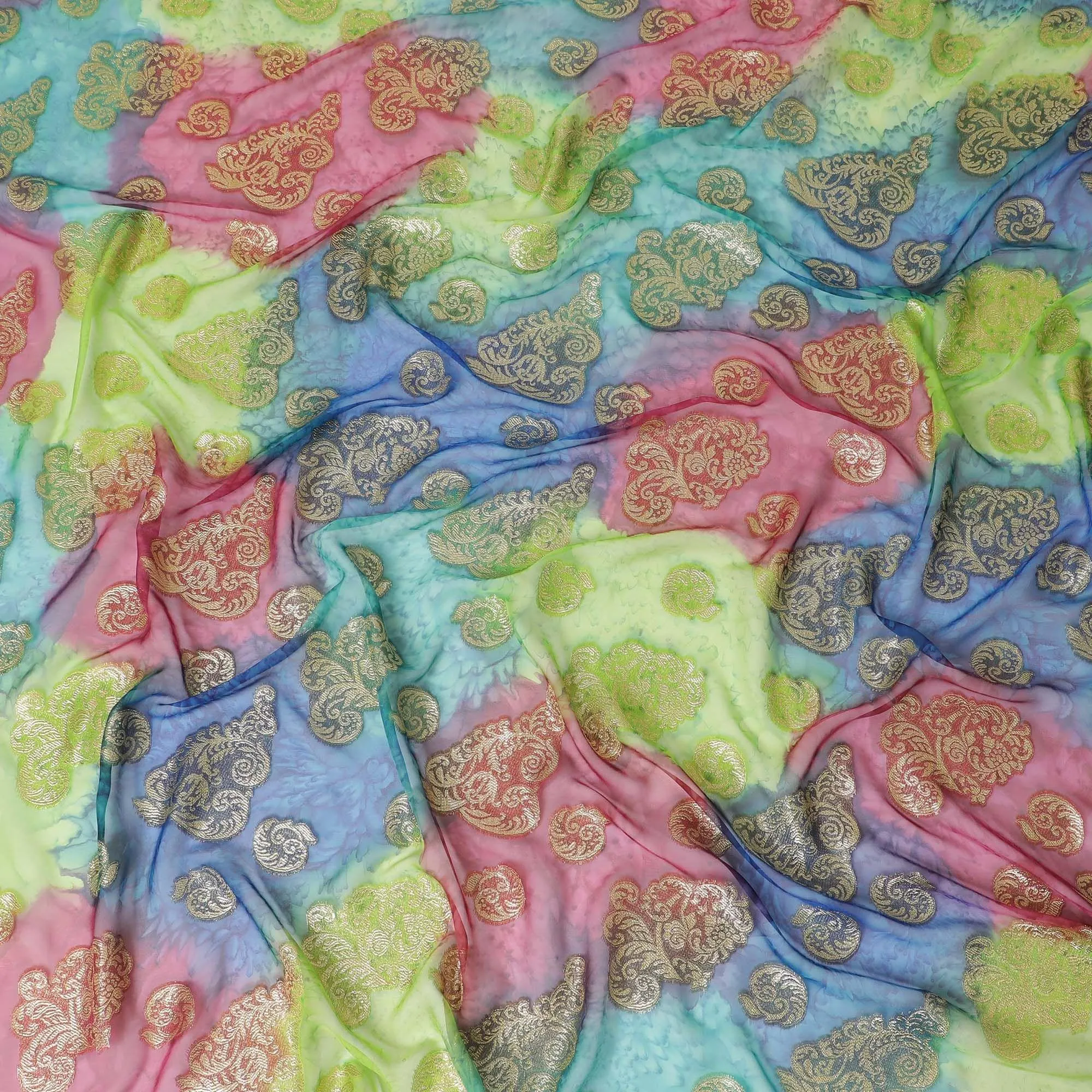 Multicolor Premium pure French (Fransawi) silk chiffon fabric with gold metallic lurex in floral design-D14014