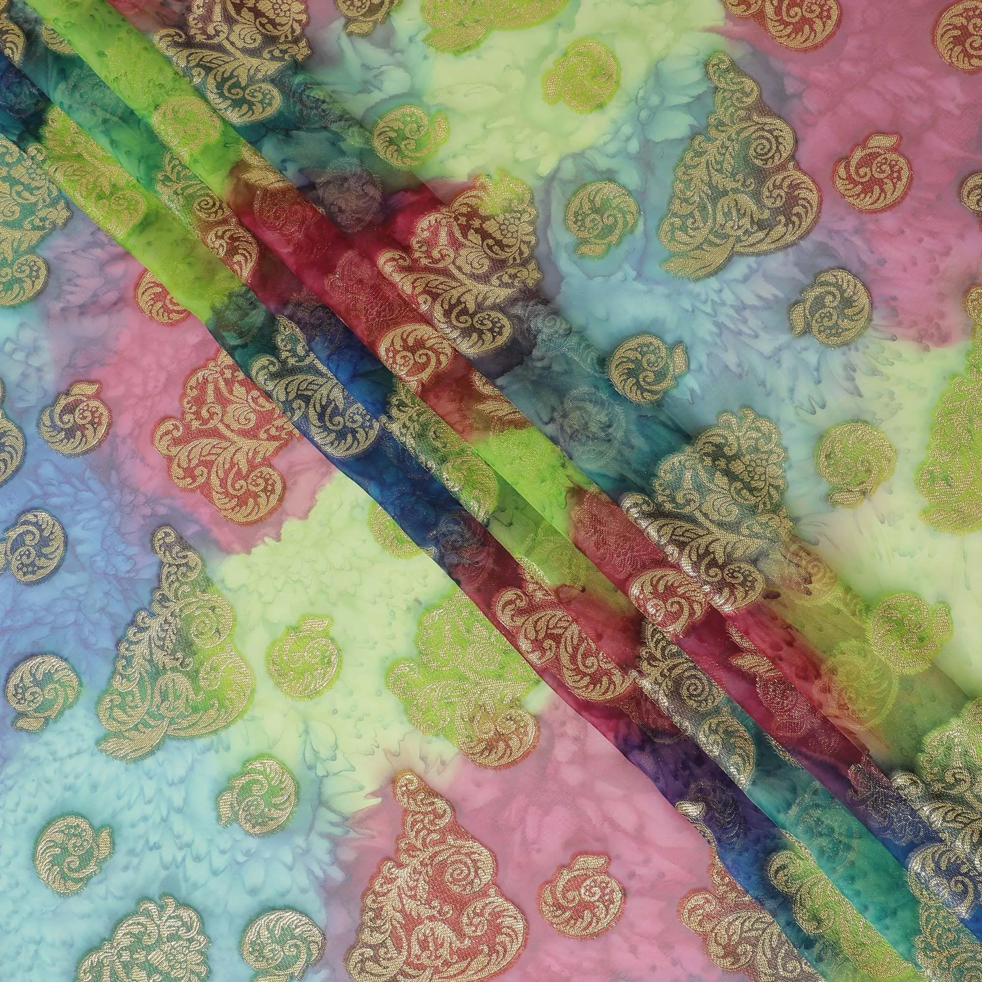 Multicolor Premium pure French (Fransawi) silk chiffon fabric with gold metallic lurex in floral design-D14014