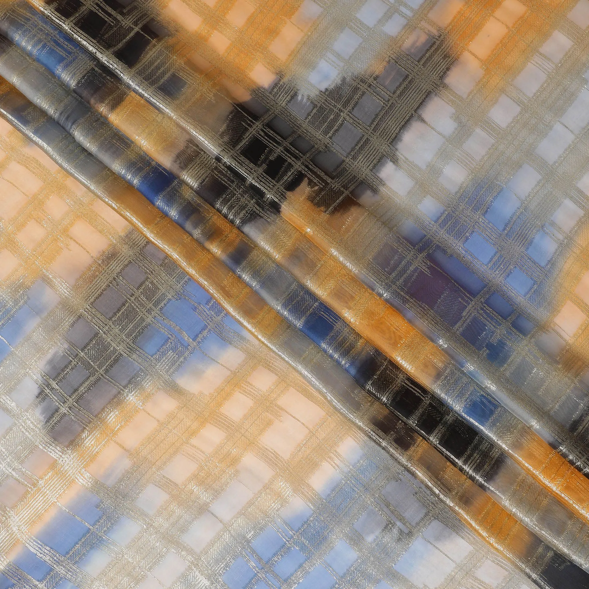 Multicolor Premium pure French (Fransawi) silk chiffon fabric with gold metallic lurex in geometric design-D16536