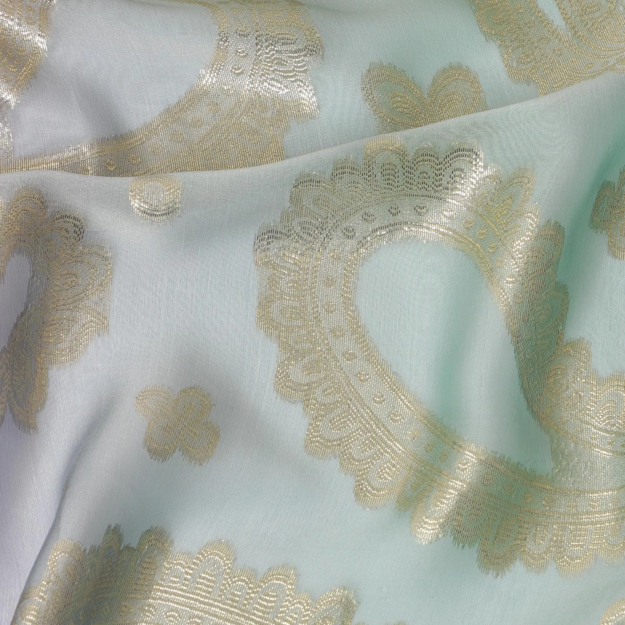 Multicolor premium pure French (Fransawi) silk chiffon fabric with gold metallic lurex in paisley design-D12721