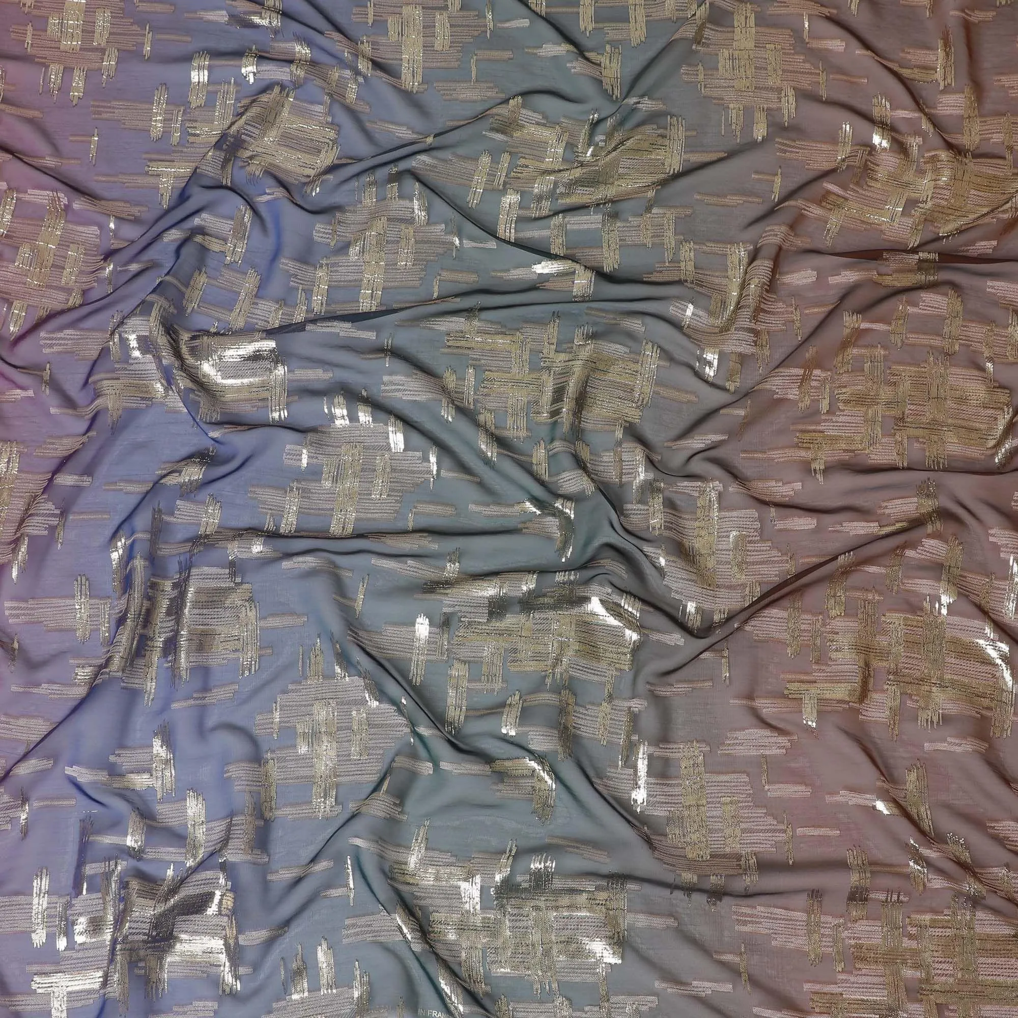 Multicolor premium pure French (Fransawi) silk chiffon fabric with same tone viscose and gold metallic lurex in abstract design-D14270