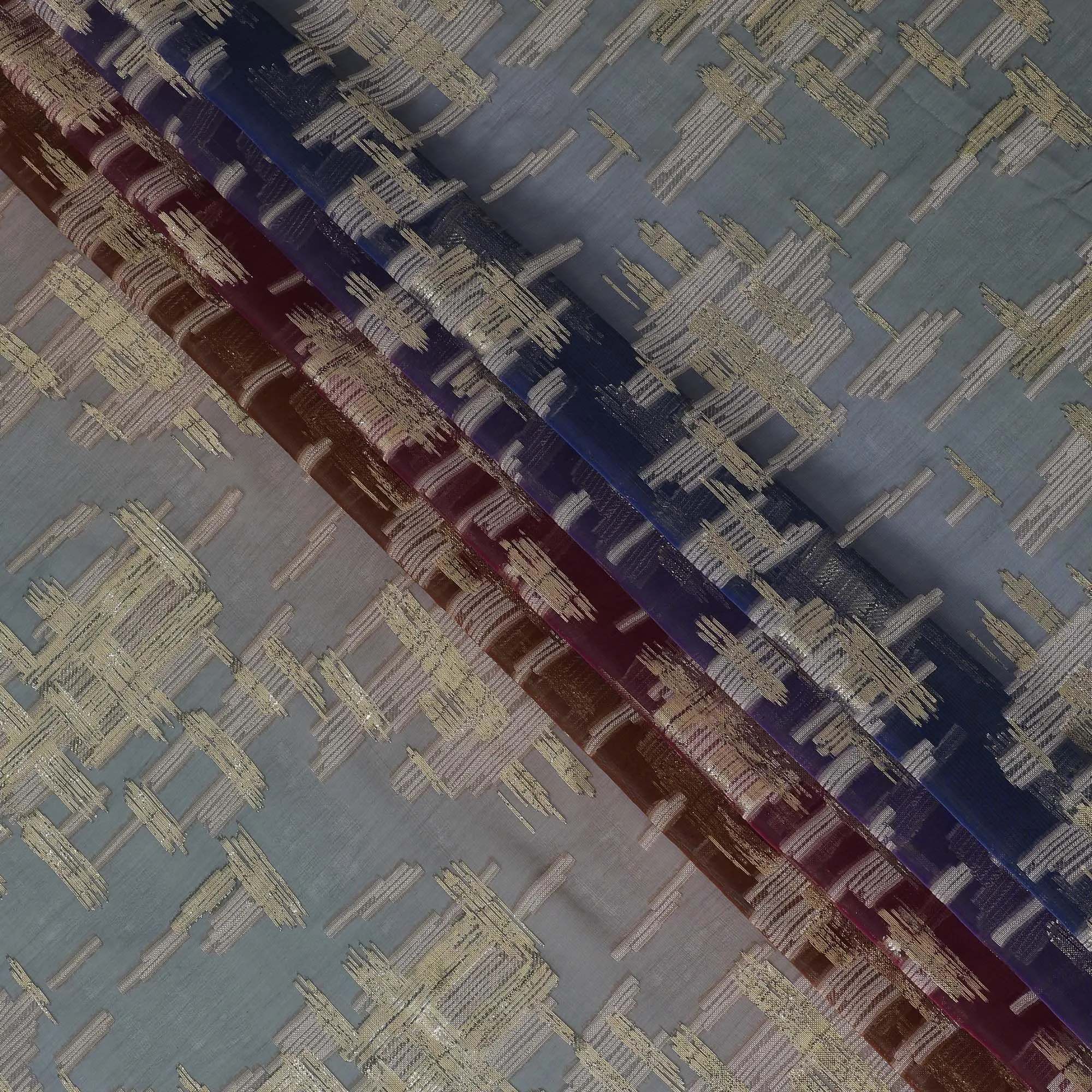 Multicolor premium pure French (Fransawi) silk chiffon fabric with same tone viscose and gold metallic lurex in abstract design-D14270