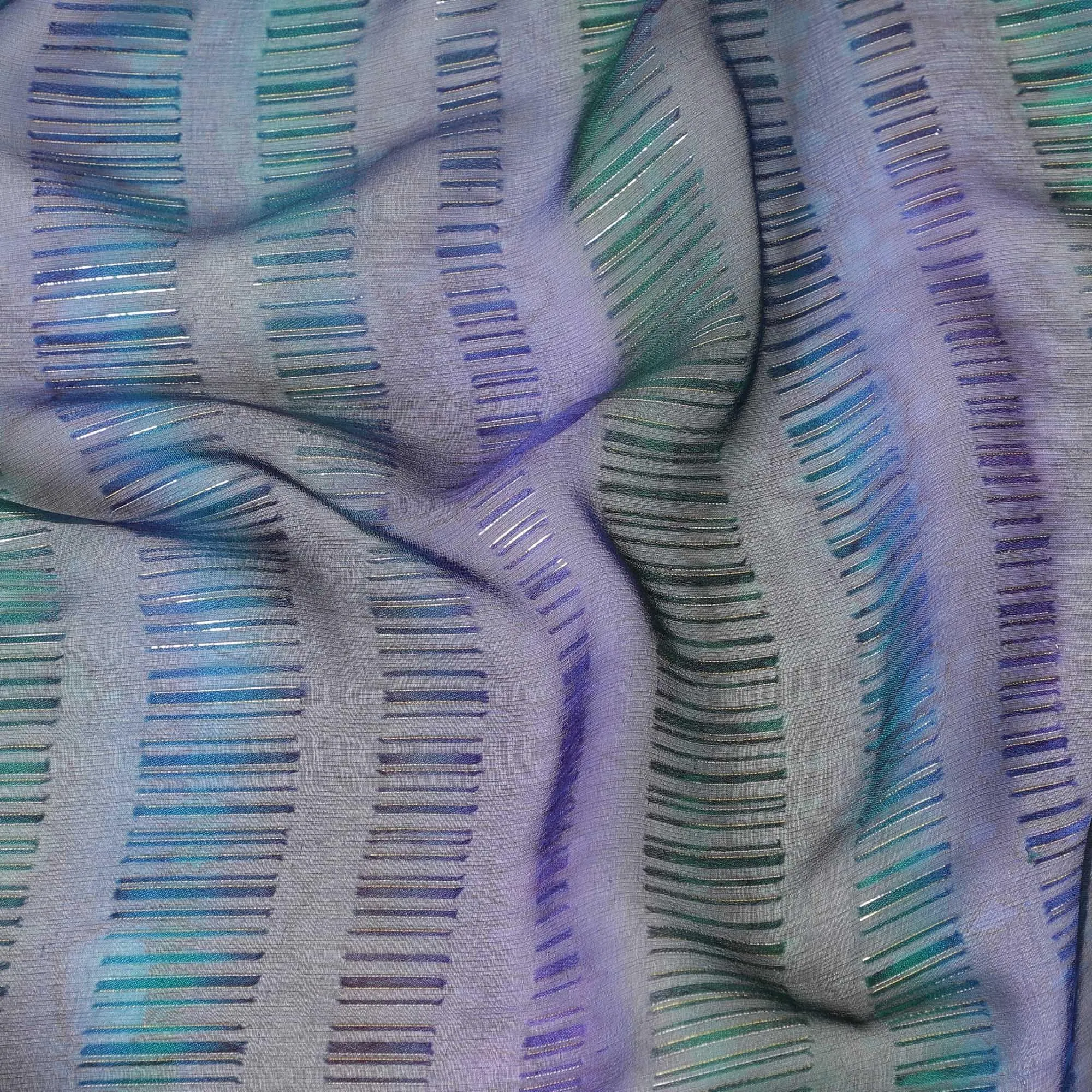 Multicolor Premium Pure silk chiffon fabric with gold and silver metallic lurex in batik design-D8860