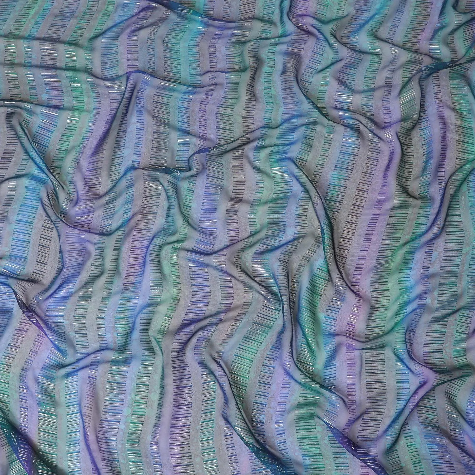 Multicolor Premium Pure silk chiffon fabric with gold and silver metallic lurex in batik design-D8860