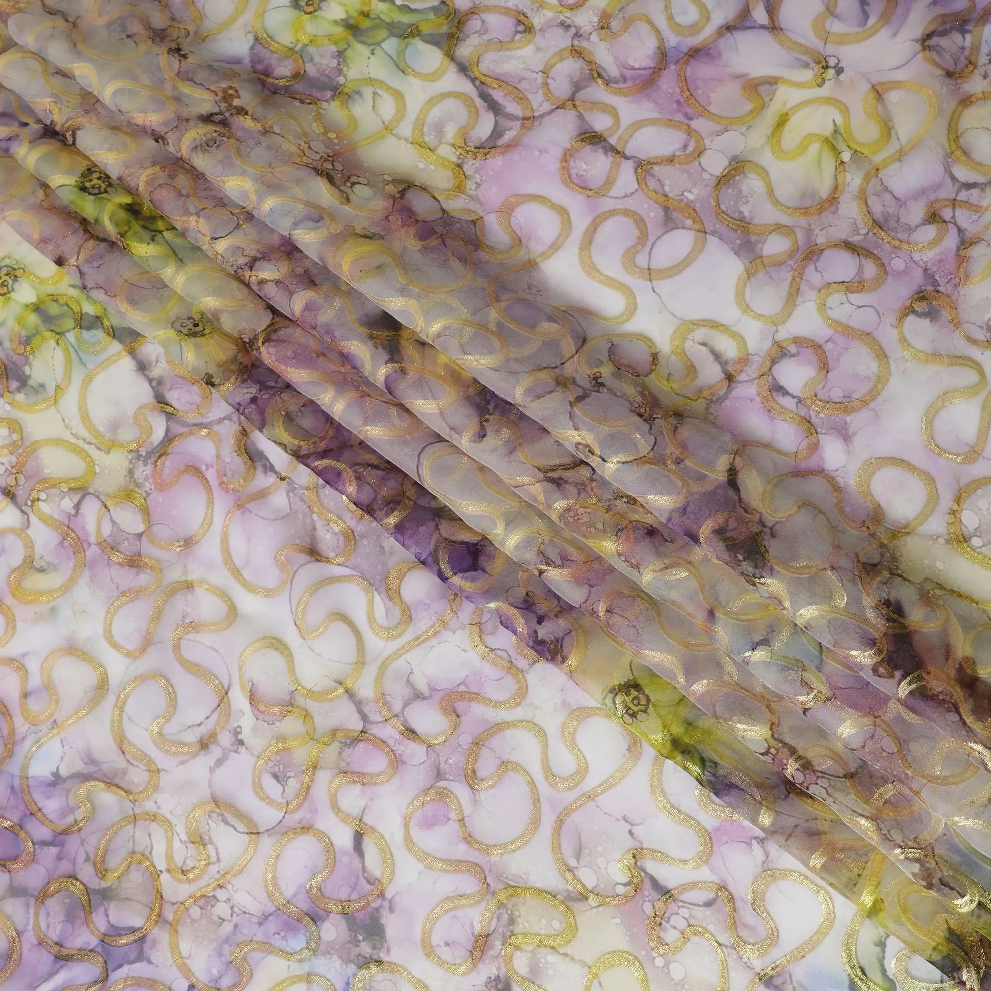 Multicolor premium pure silk chiffon fabric with gold metallic lurex in abstract design-D13712