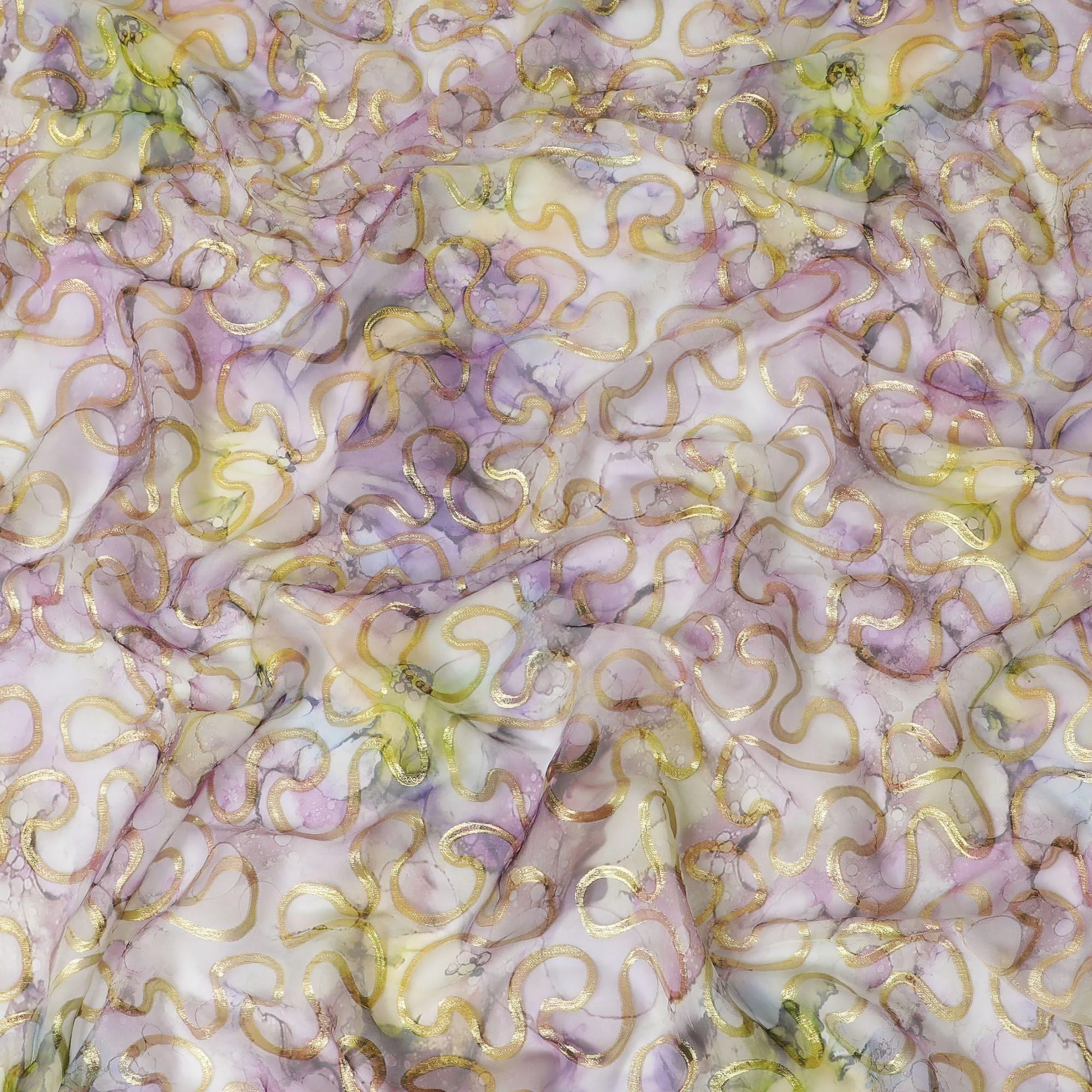 Multicolor premium pure silk chiffon fabric with gold metallic lurex in abstract design-D13712