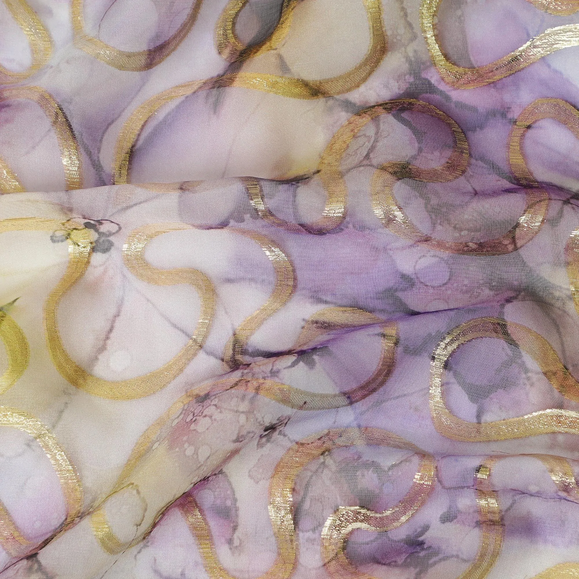 Multicolor premium pure silk chiffon fabric with gold metallic lurex in abstract design-D13712