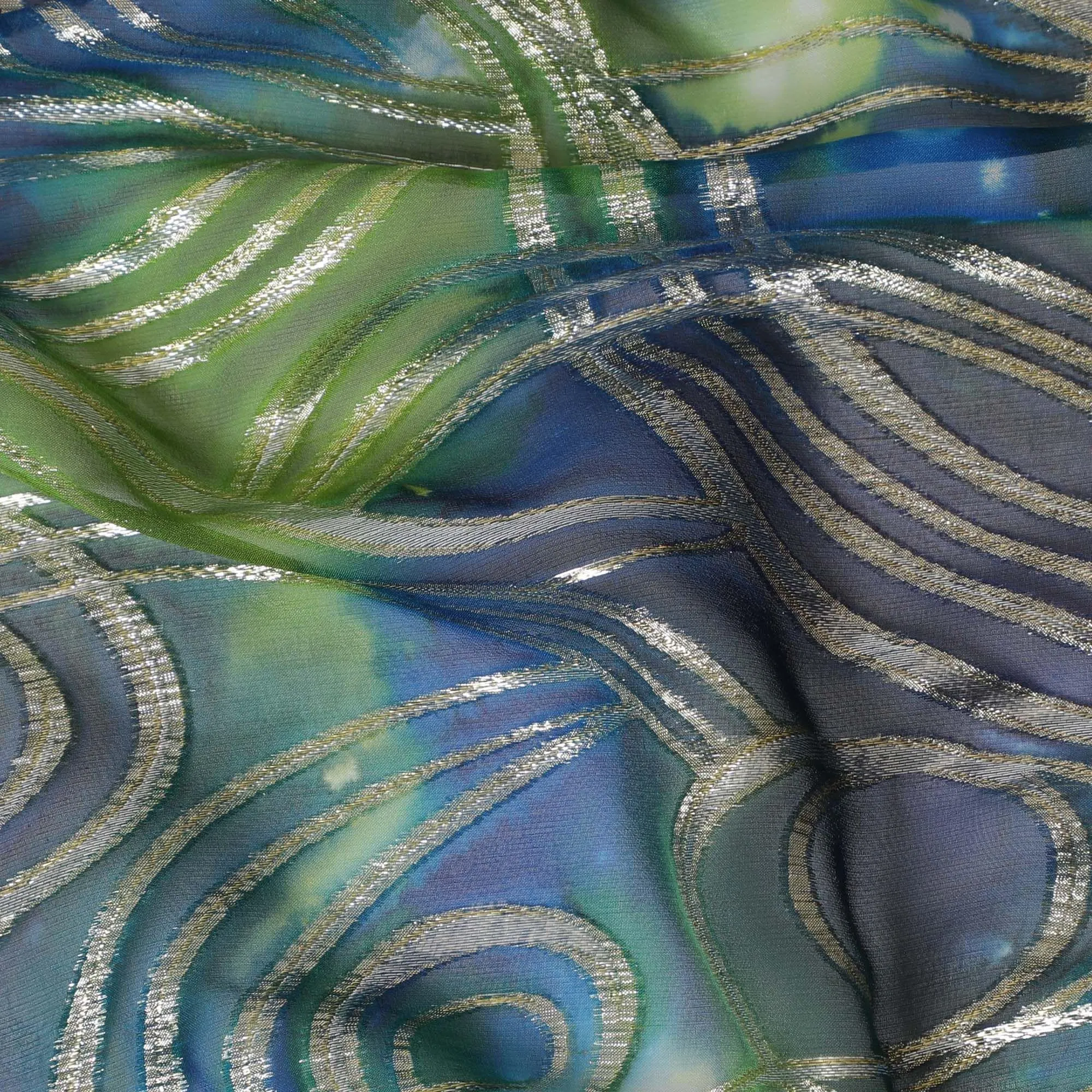 Multicolor premium pure silk chiffon fabric with gold metallic lurex in abstract design-D14078