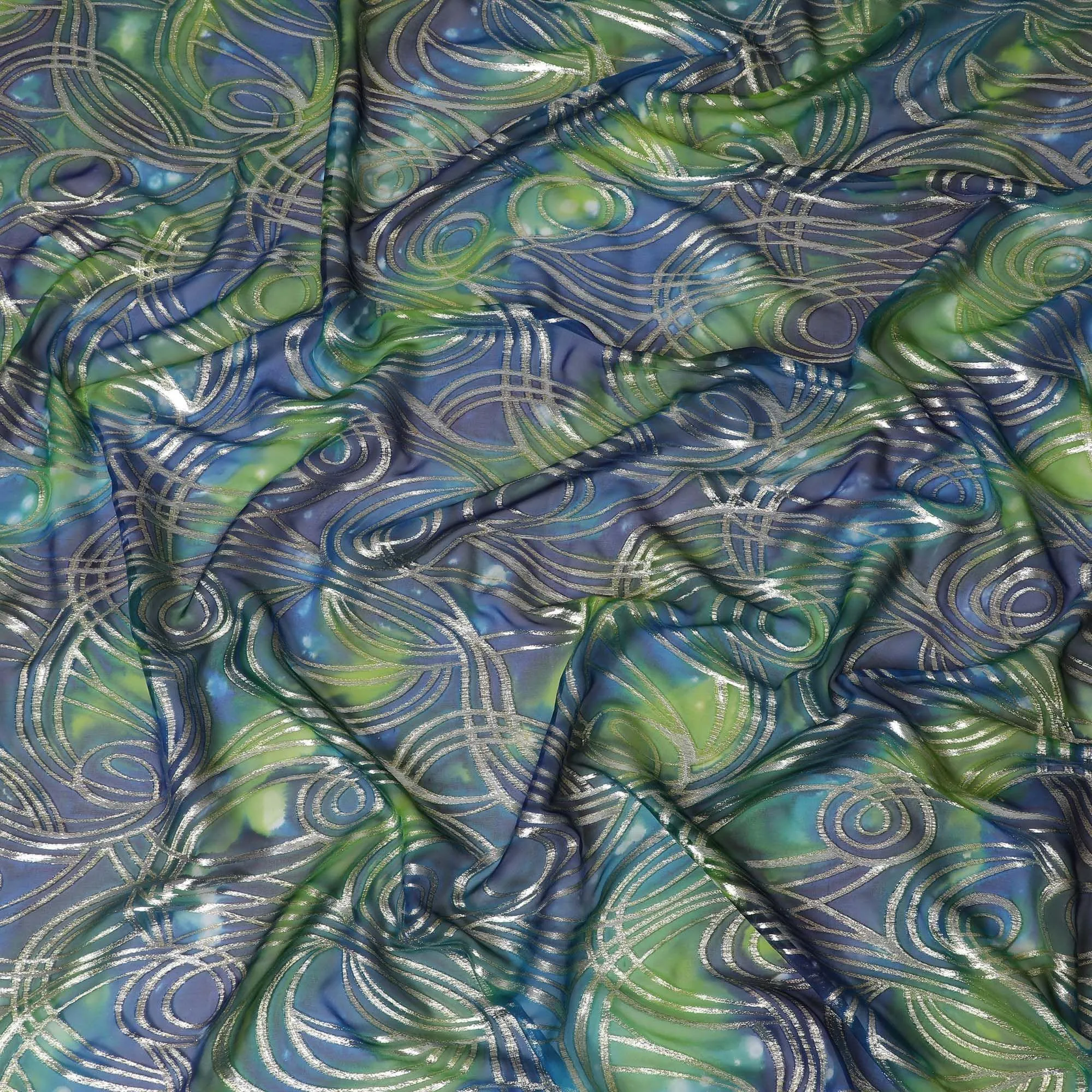Multicolor premium pure silk chiffon fabric with gold metallic lurex in abstract design-D14078