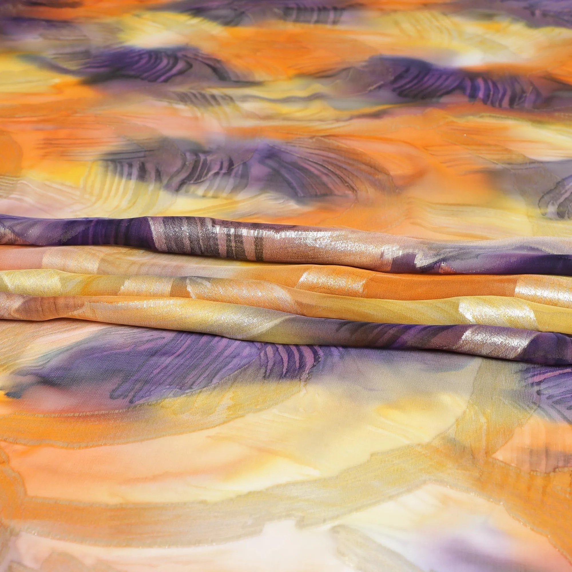 Multicolor Premium pure silk chiffon fabric with gold metallic lurex in abstract design-D9696