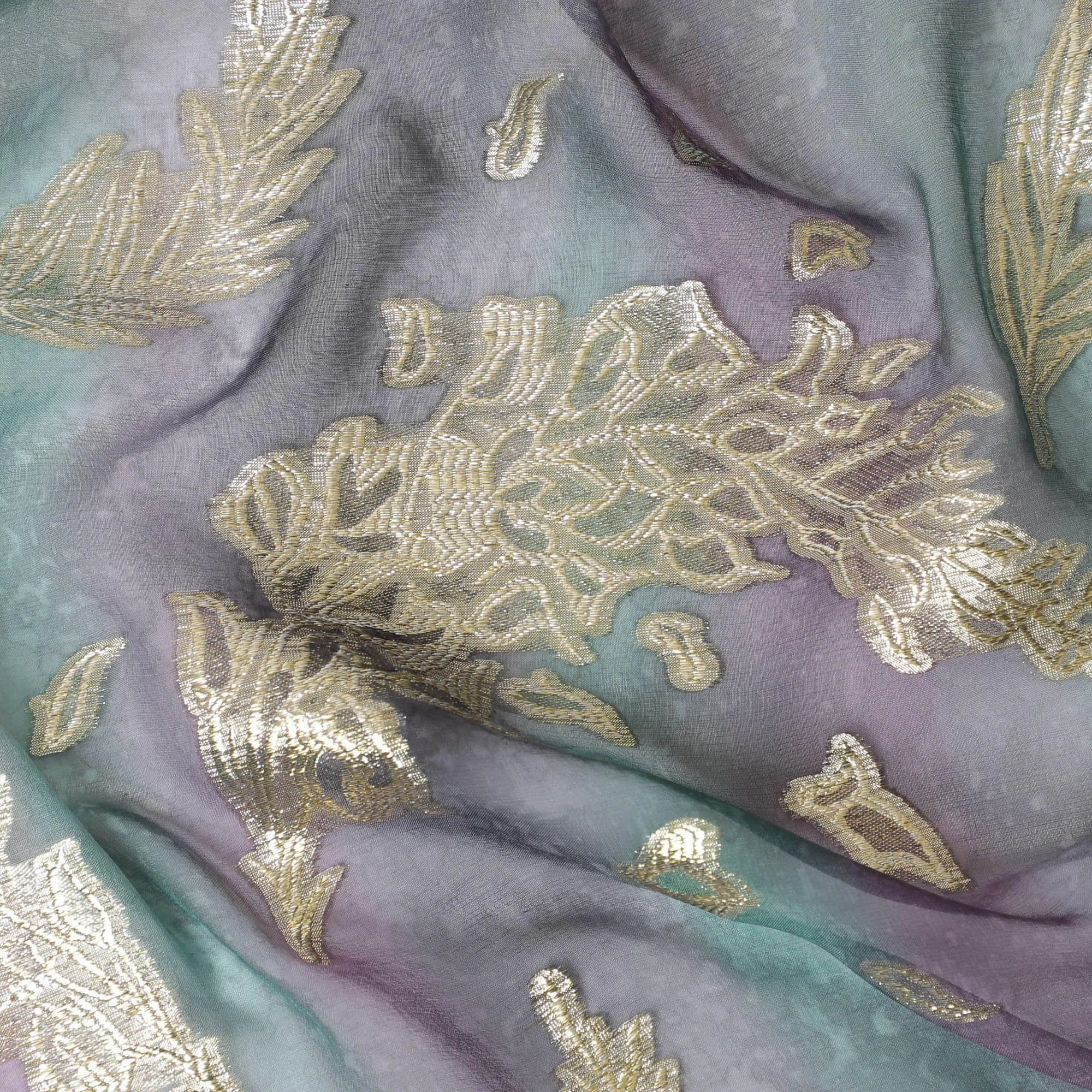Multicolor premium pure silk chiffon fabric with gold metallic lurex in floral design-D14241