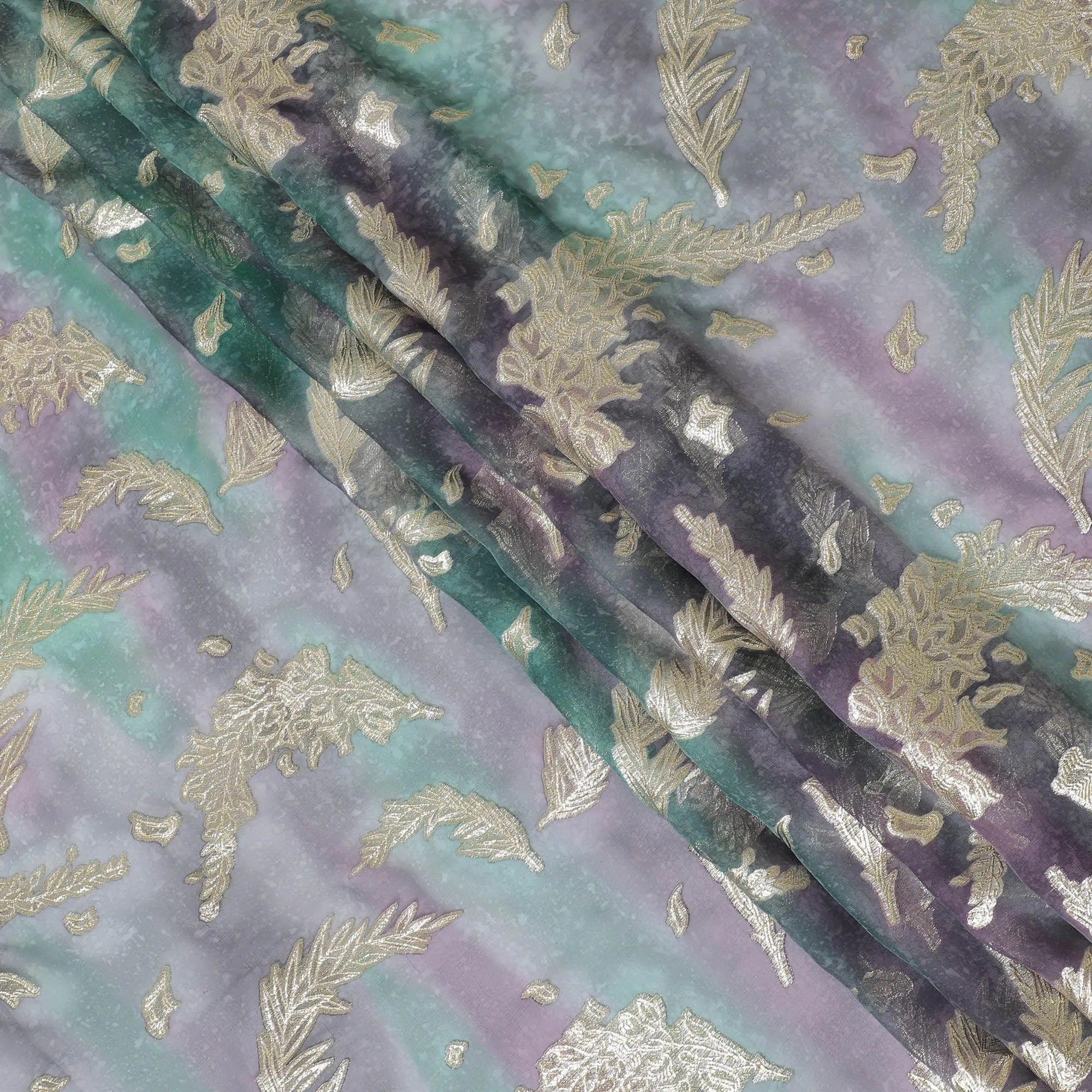 Multicolor premium pure silk chiffon fabric with gold metallic lurex in floral design-D14241