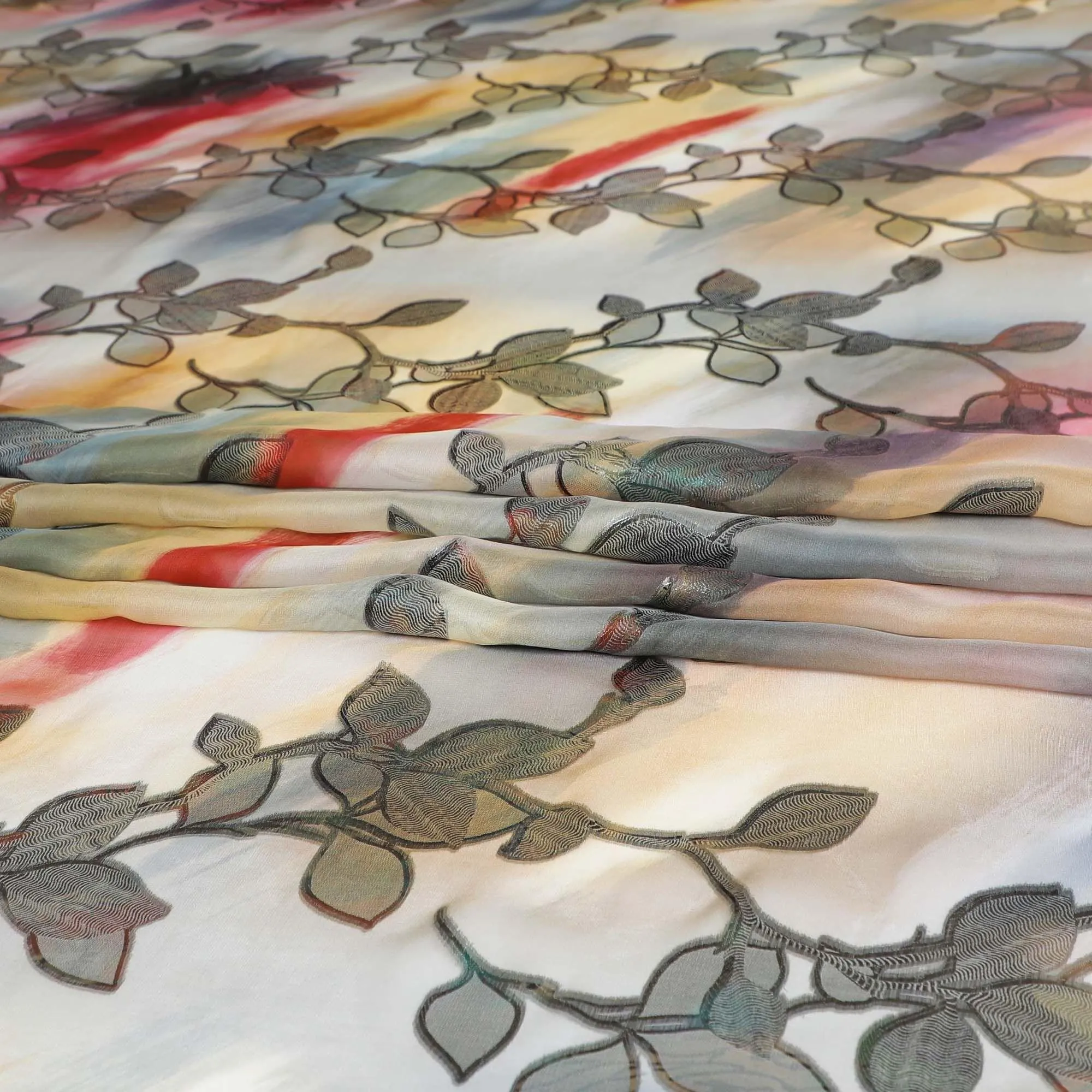 Multicolor premium Pure silk chiffon printed fabric with multicolor metallic lurex in floral design-D9340